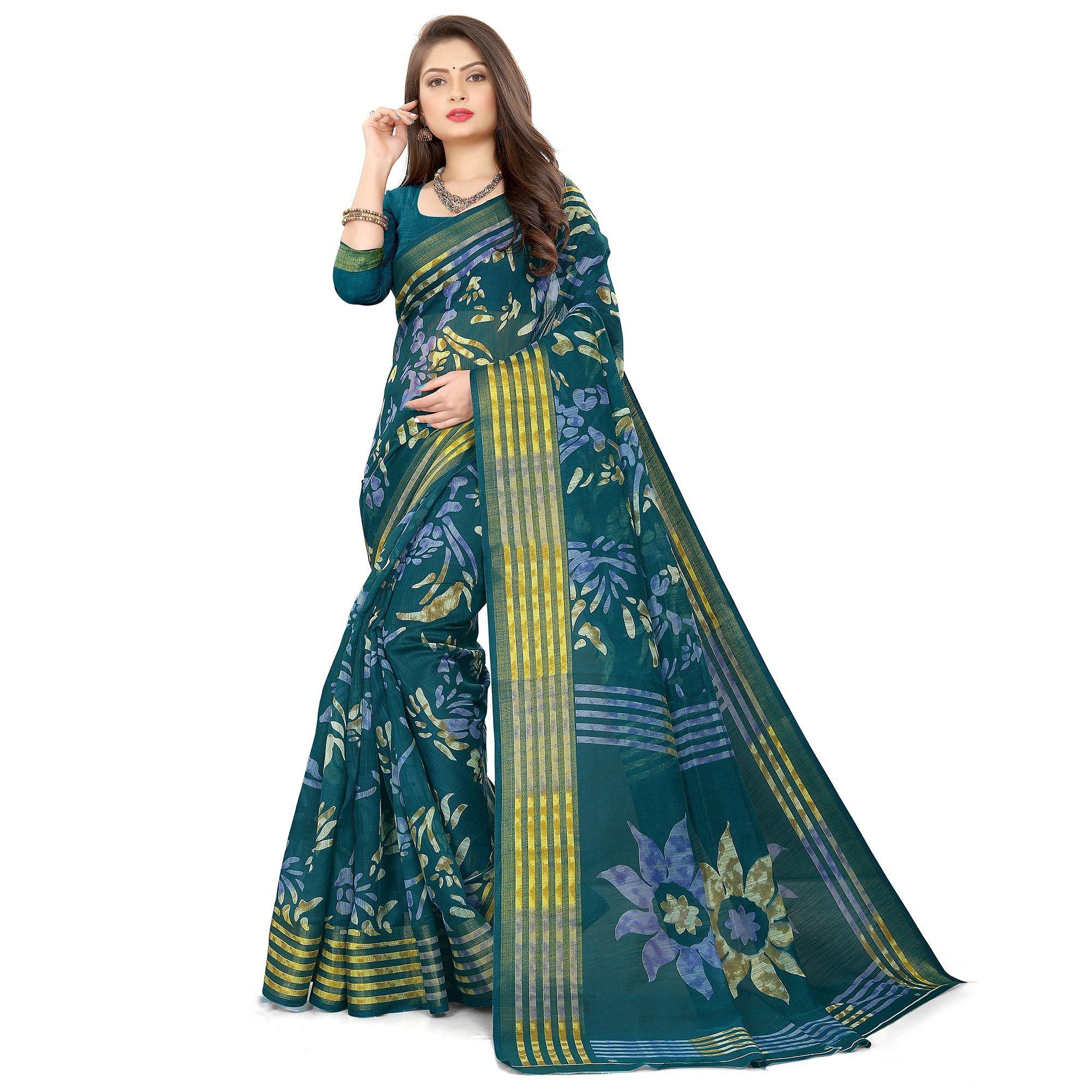 Sea Green Casual Wear Floral Printed Cotton Linen Saree - Peachmode