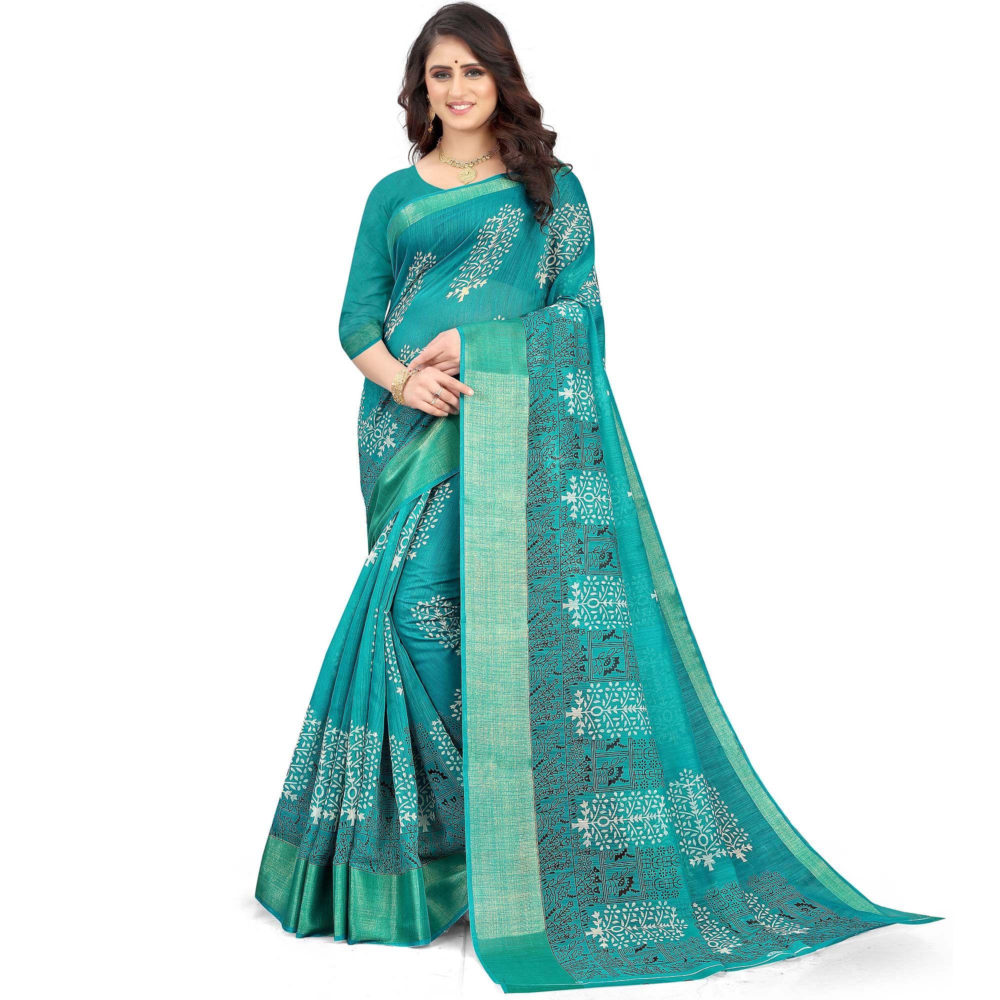 Sea Green Casual Wear Floral Printed Cotton Linen Saree - Peachmode