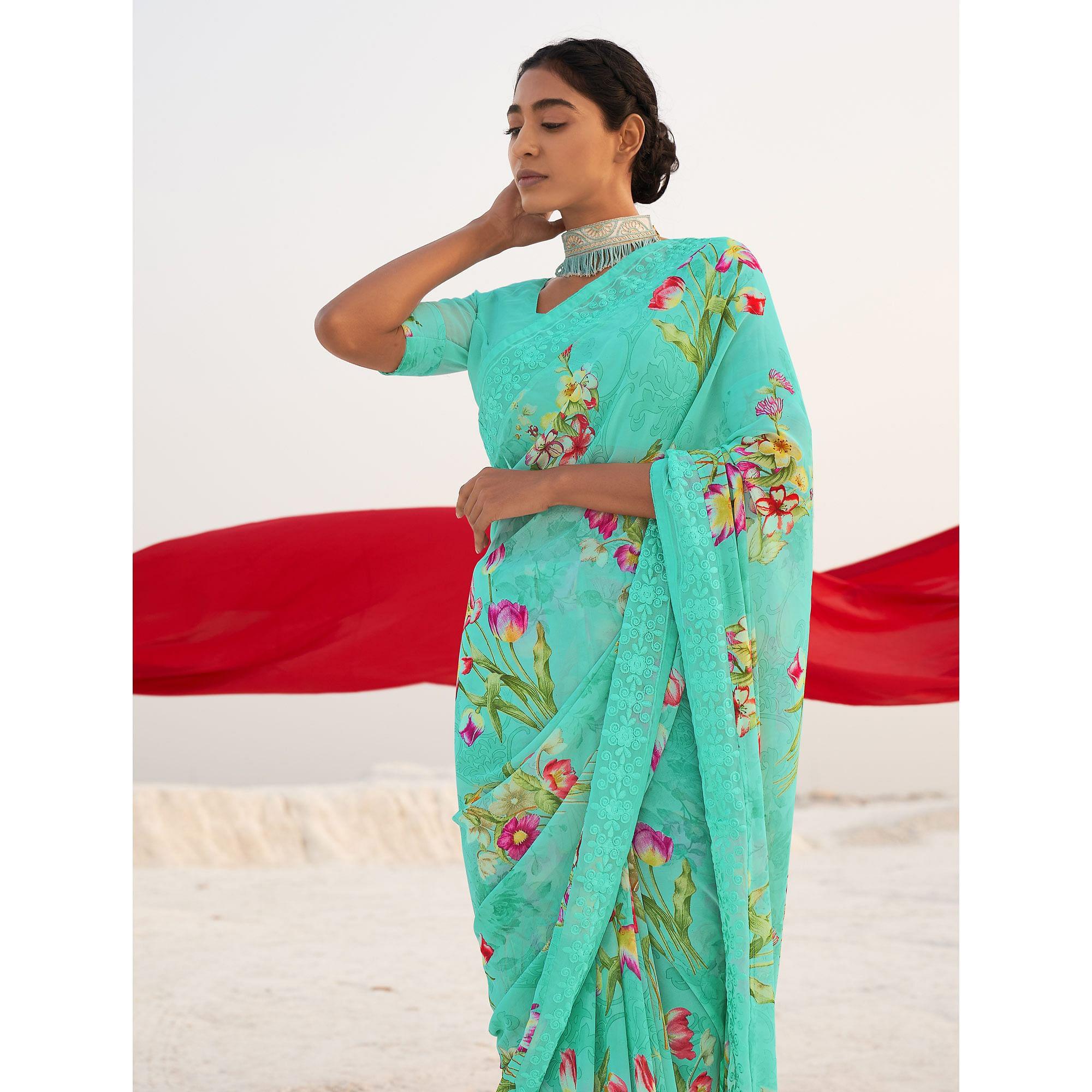 Sea Green Casual Wear Floral Printed Georgette Saree - Peachmode