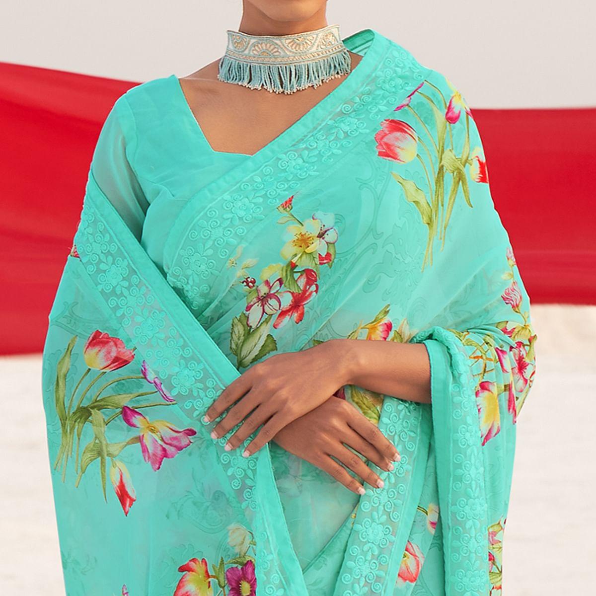 Sea Green Casual Wear Floral Printed Georgette Saree - Peachmode