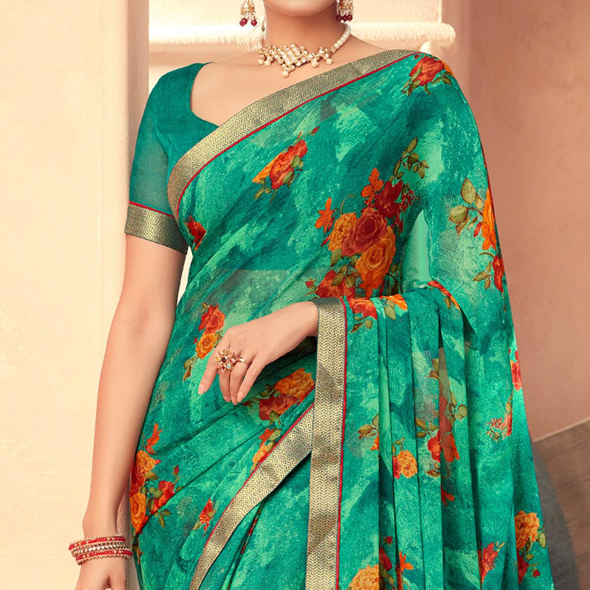 Sea Green Casual Wear Printed Chiffon Saree - Peachmode