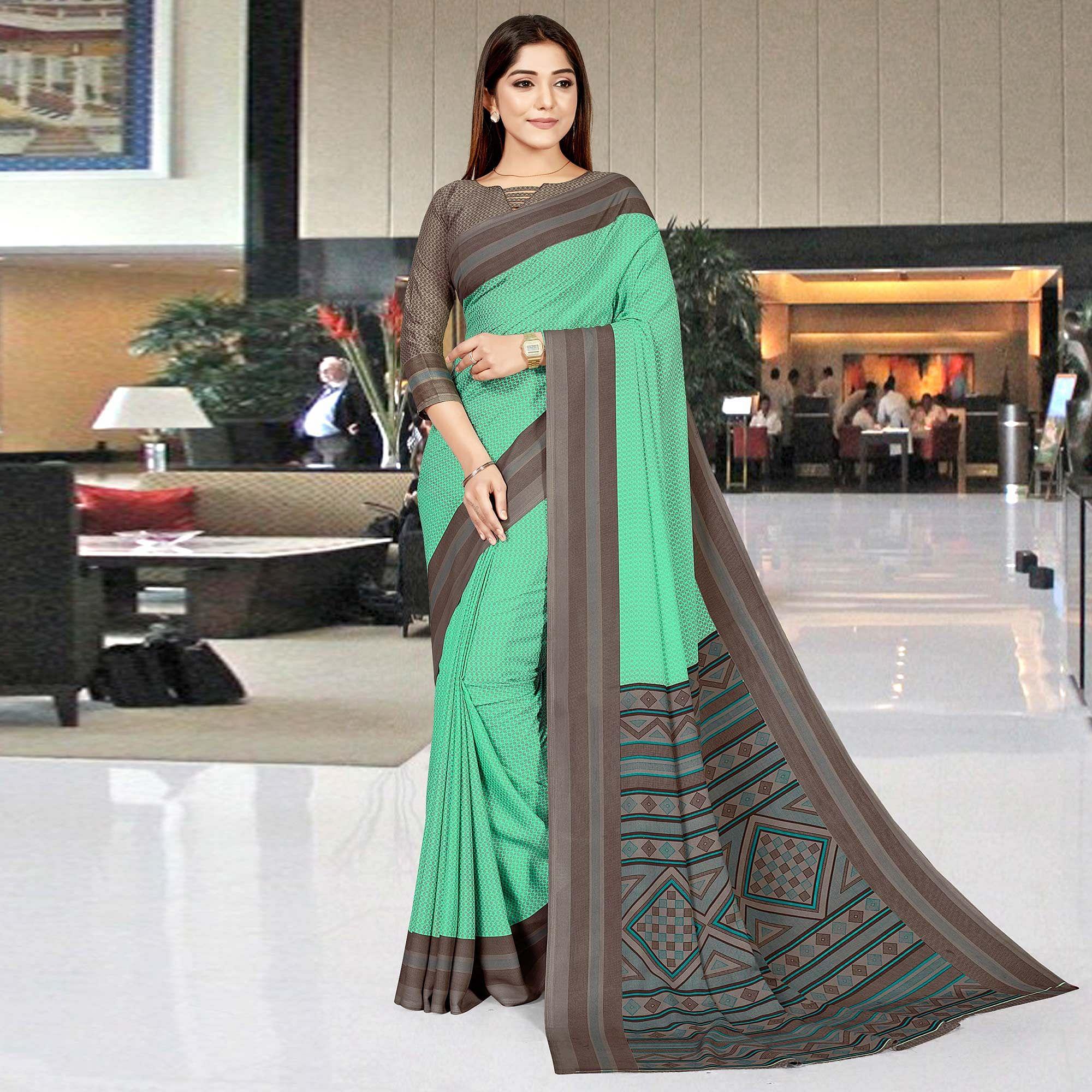 Sea Green Casual Wear Printed Crepe Saree - Peachmode