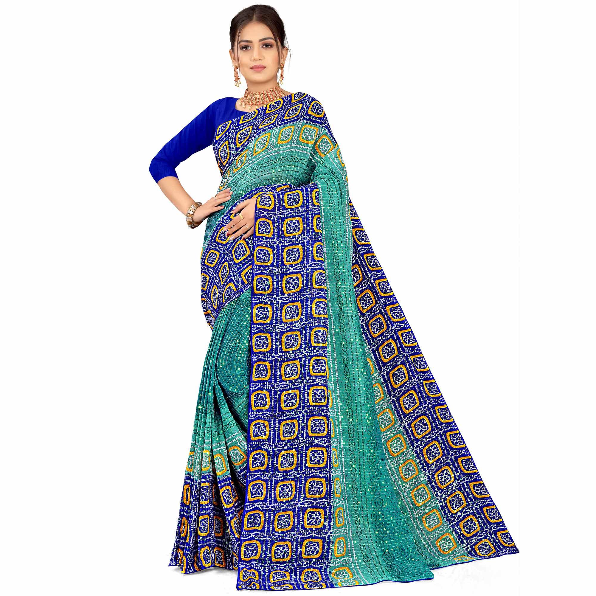 Sea Green Casual Wear Printed Georgette Saree - Peachmode