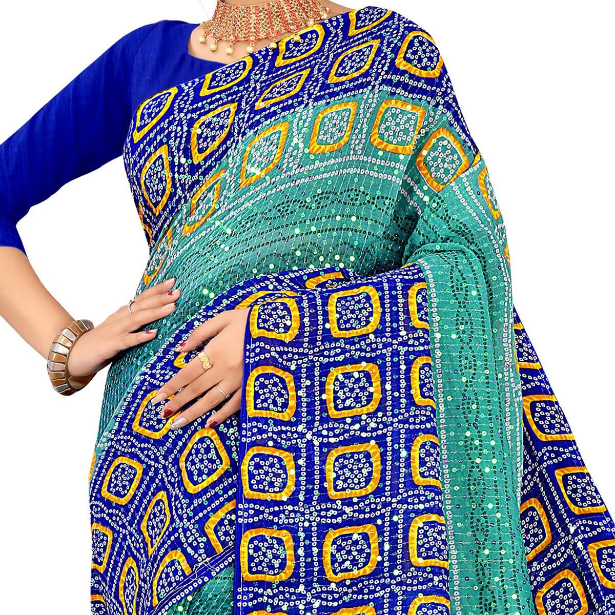Sea Green Casual Wear Printed Georgette Saree - Peachmode