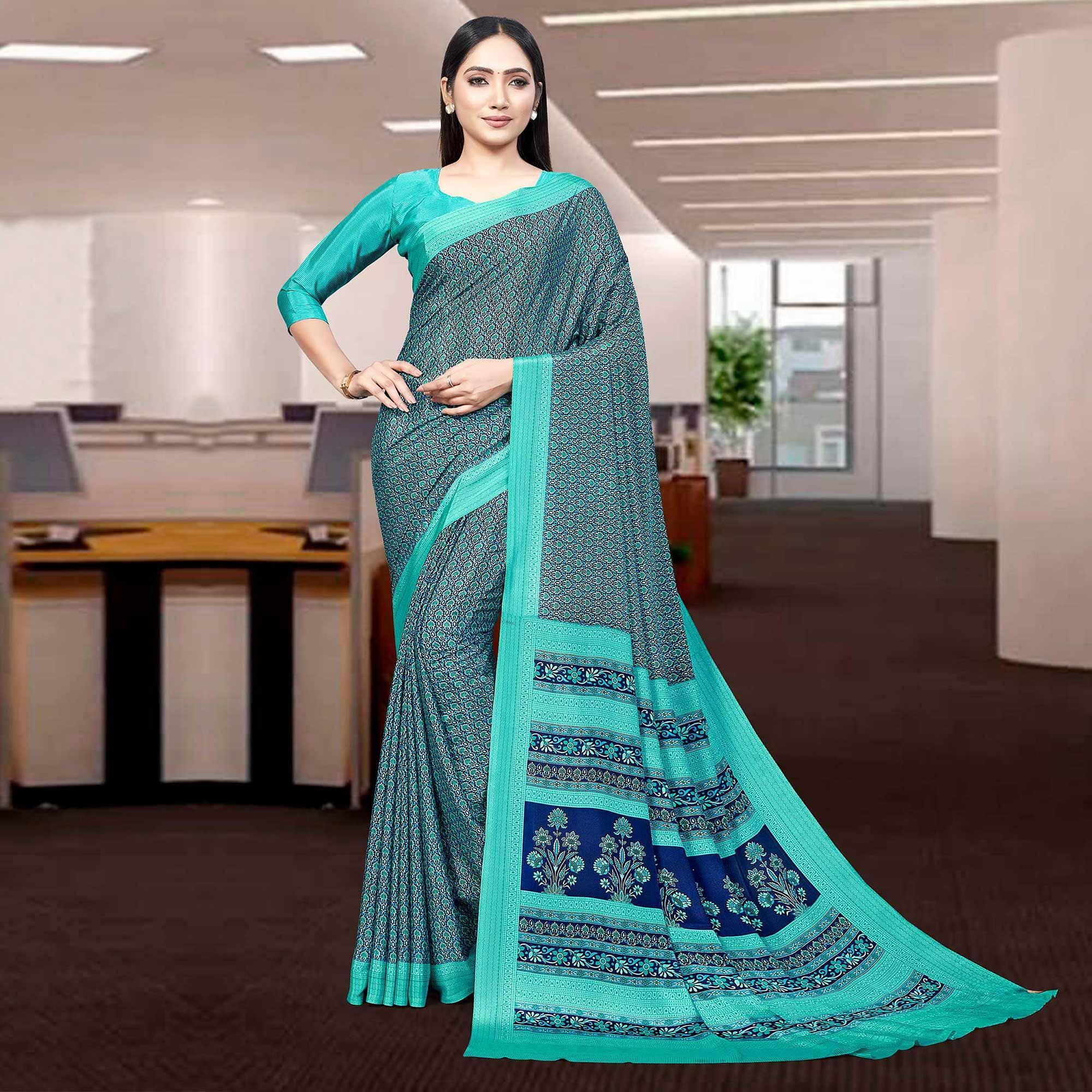 Sea Green Casual Wear Printed Silk Saree - Peachmode