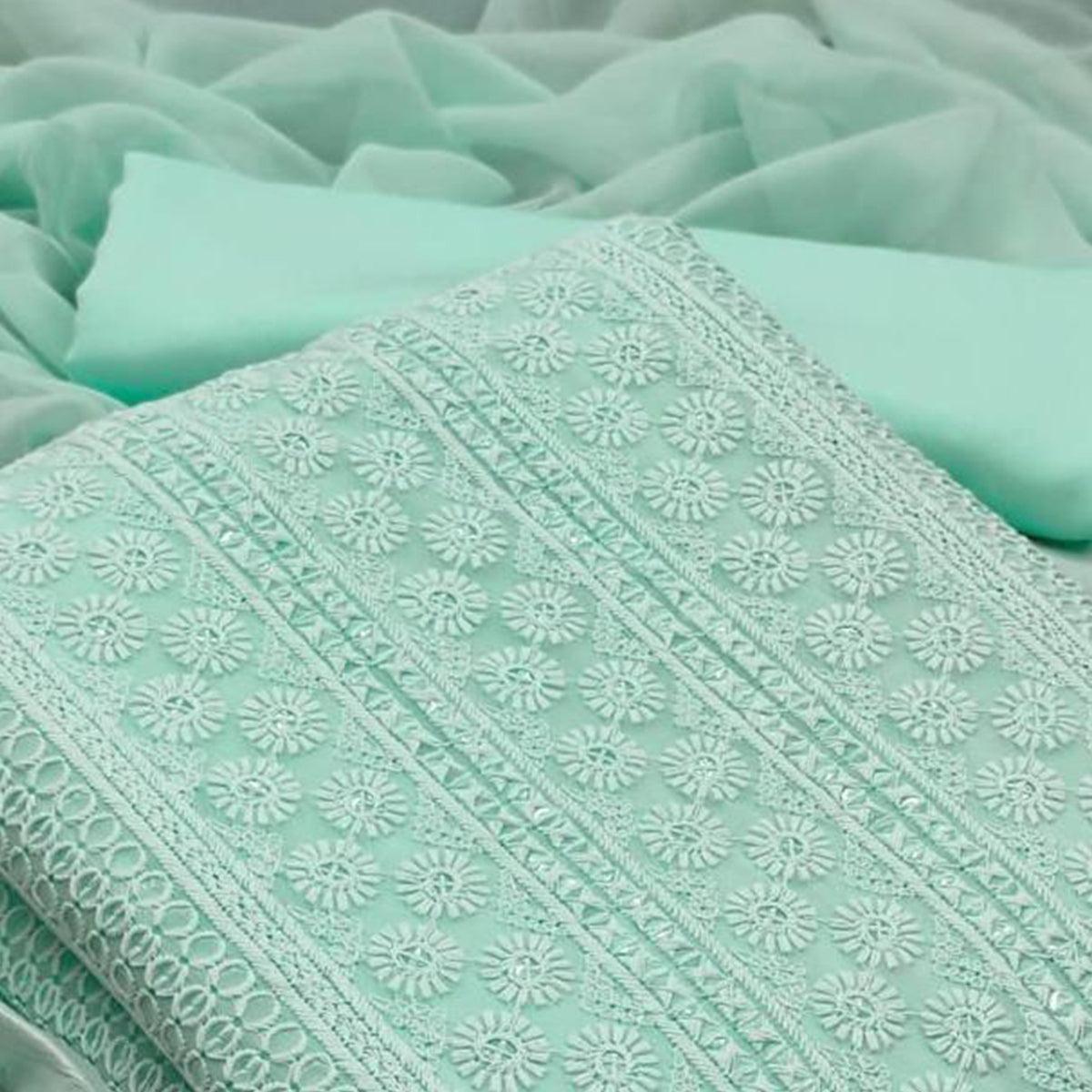 Sea Green Casual Wear Sequence Embroidered Georgette Dress Material - Peachmode