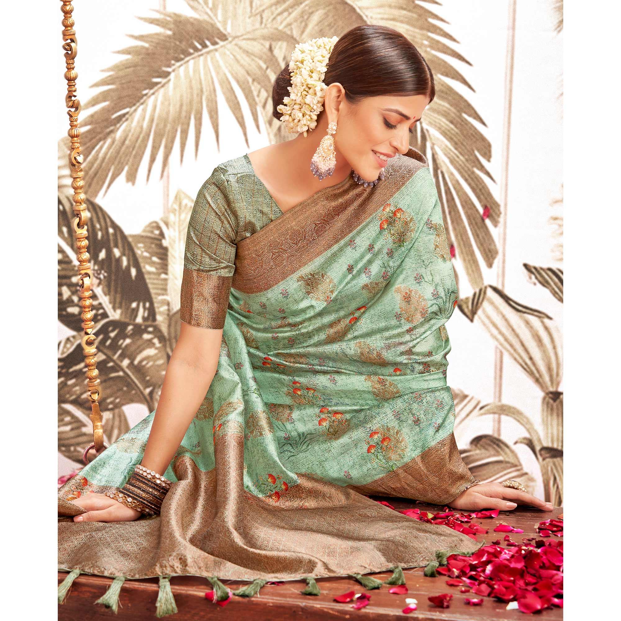 Sea Green Digital Printed Art Silk Saree With Tassels - Peachmode