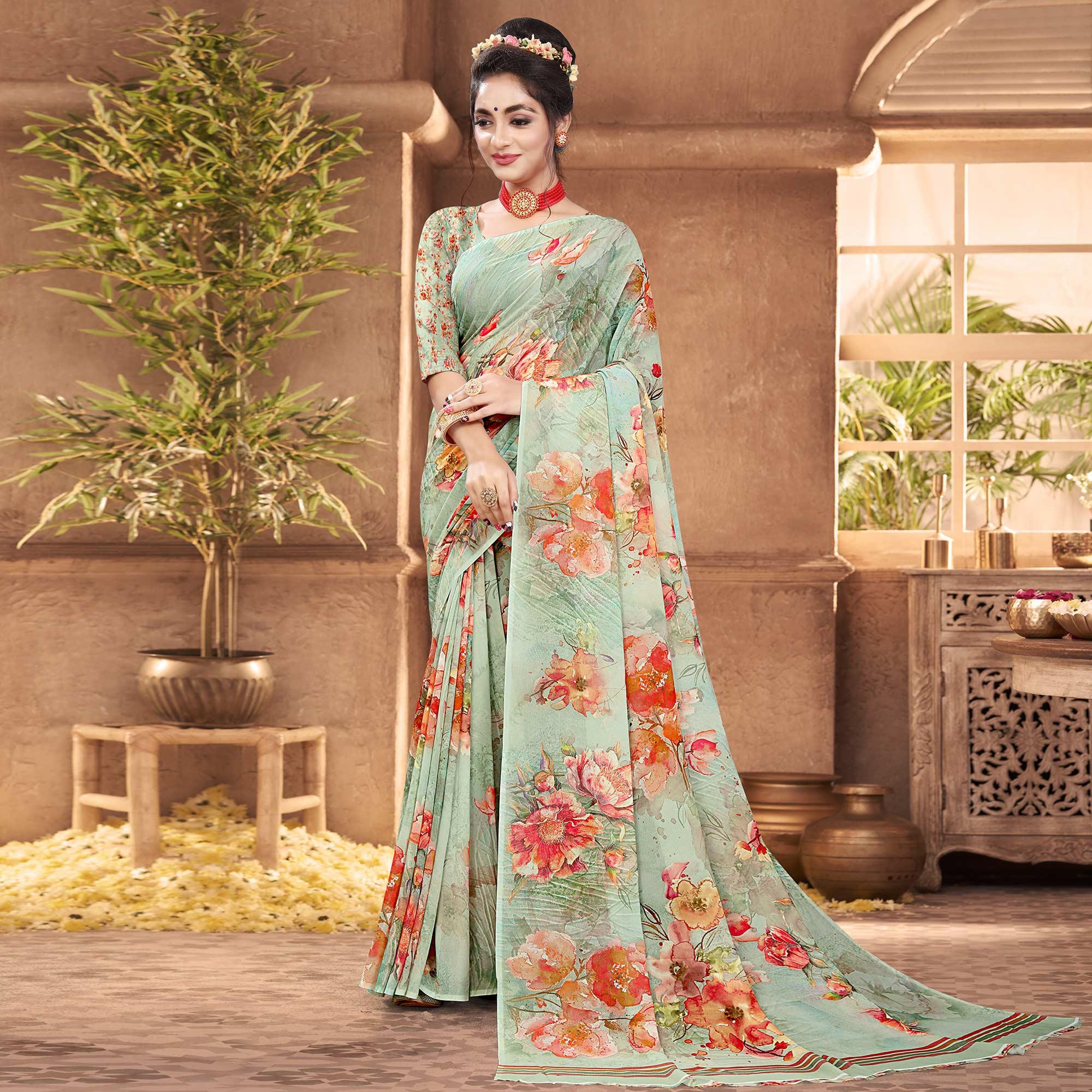 Sea Green Digital Printed Georgette Saree - Peachmode