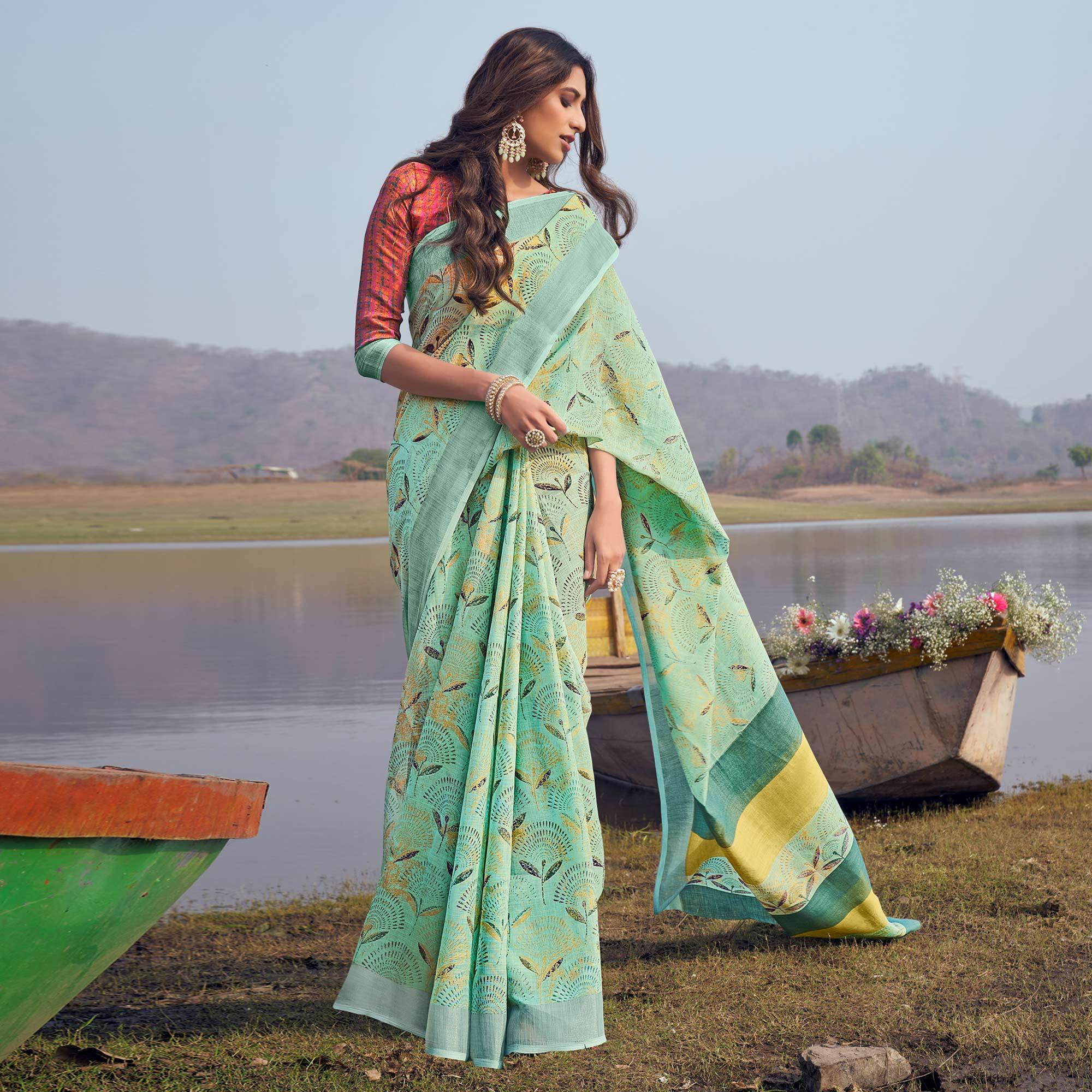 Sea Green Digital Printed Linen Saree - Peachmode