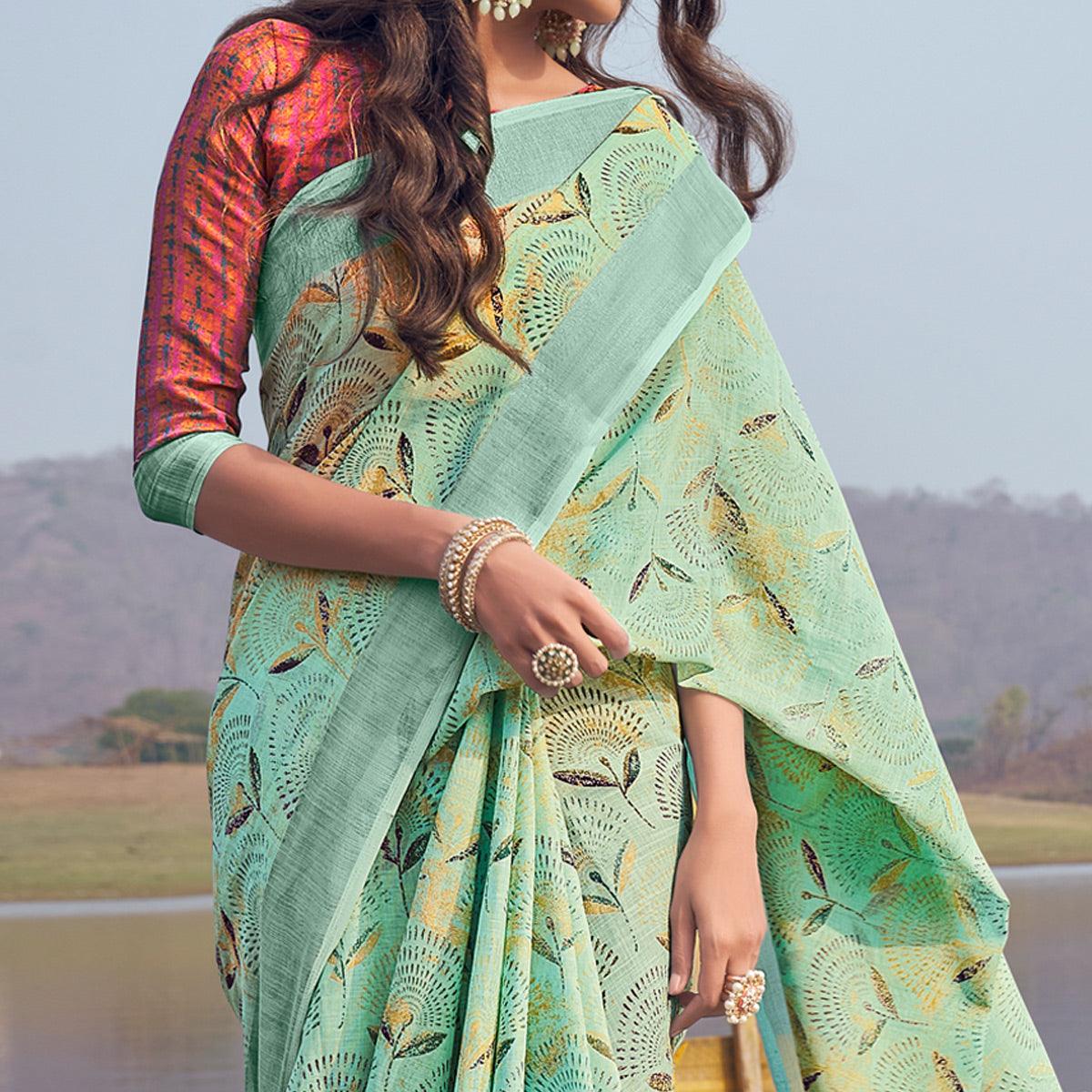 Sea Green Digital Printed Linen Saree - Peachmode
