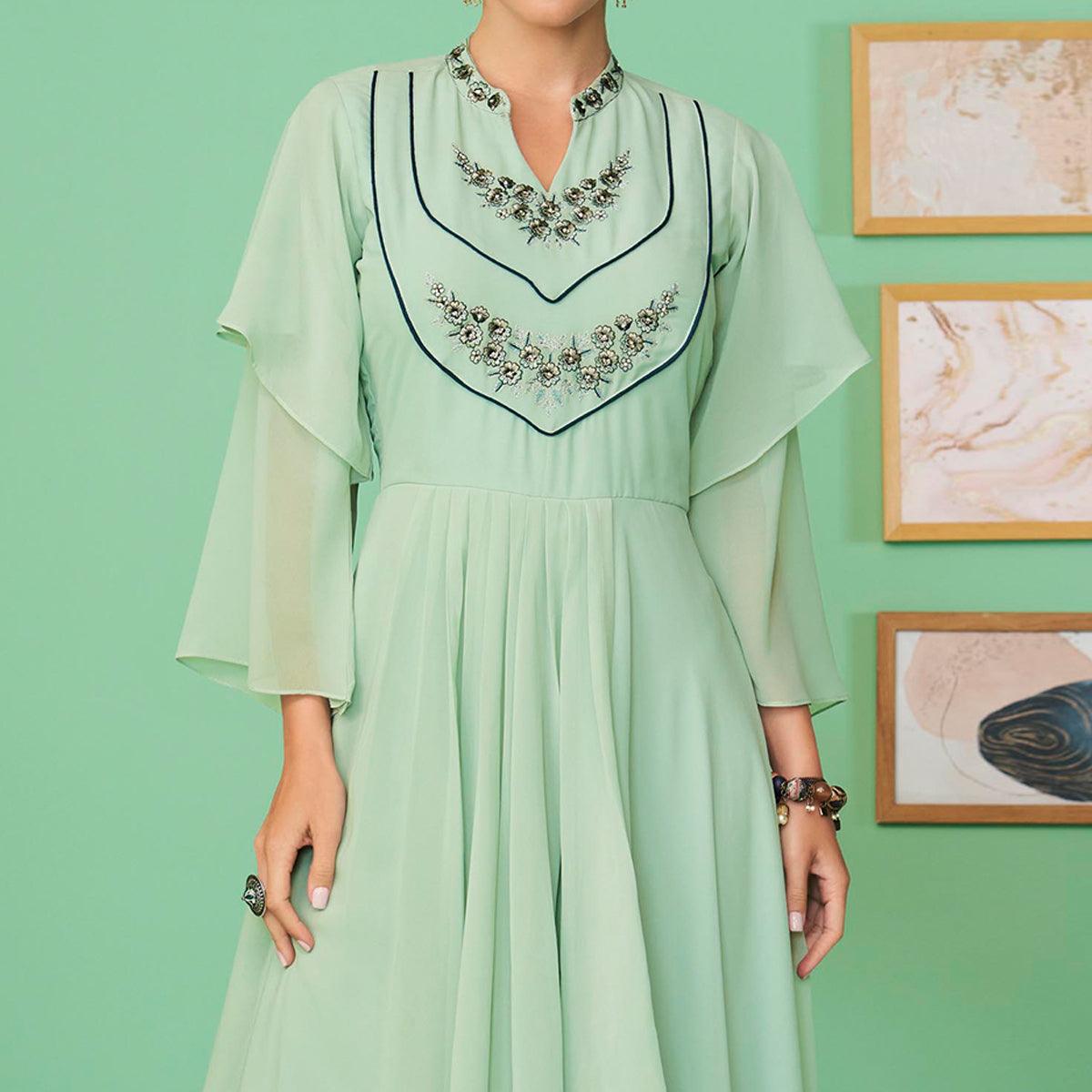 Sea Green Embroidered Georgette Gown - Peachmode