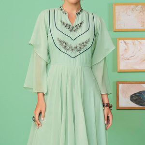 Sea Green Embroidered Georgette Gown - Peachmode