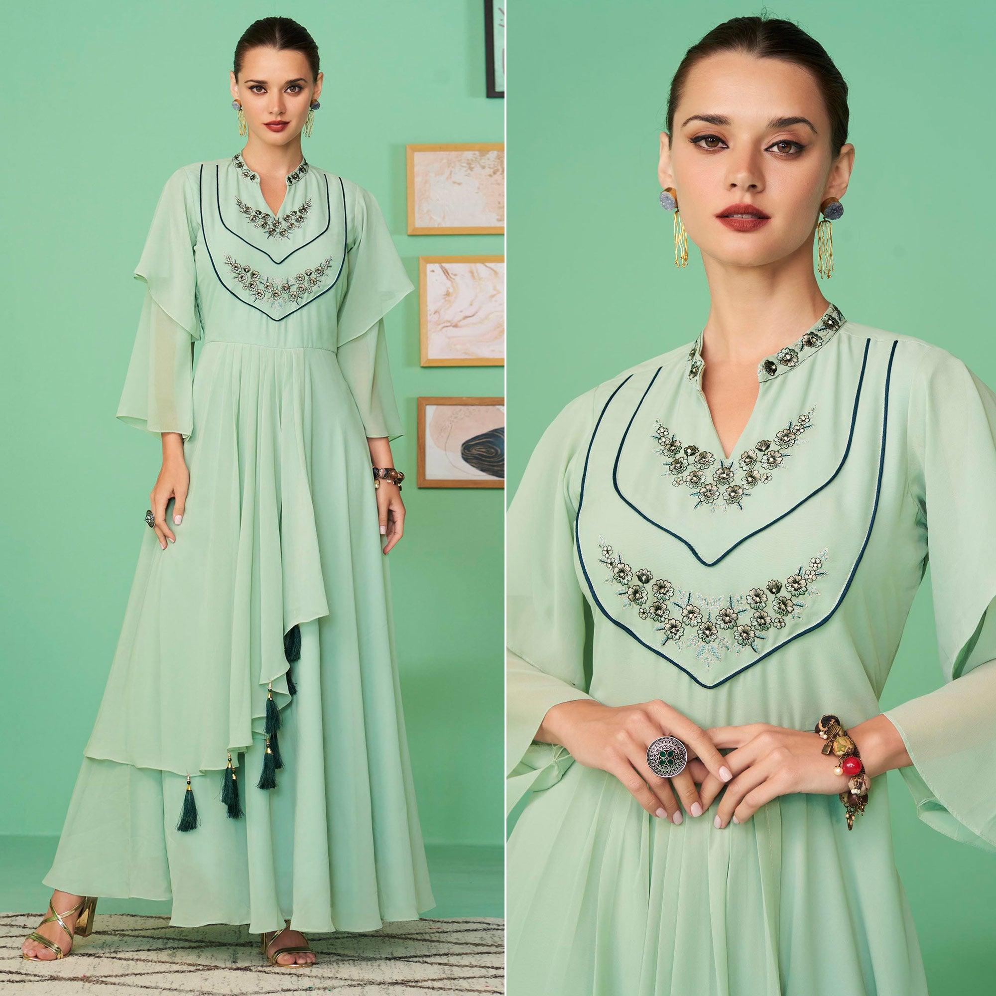Sea Green Embroidered Georgette Gown - Peachmode