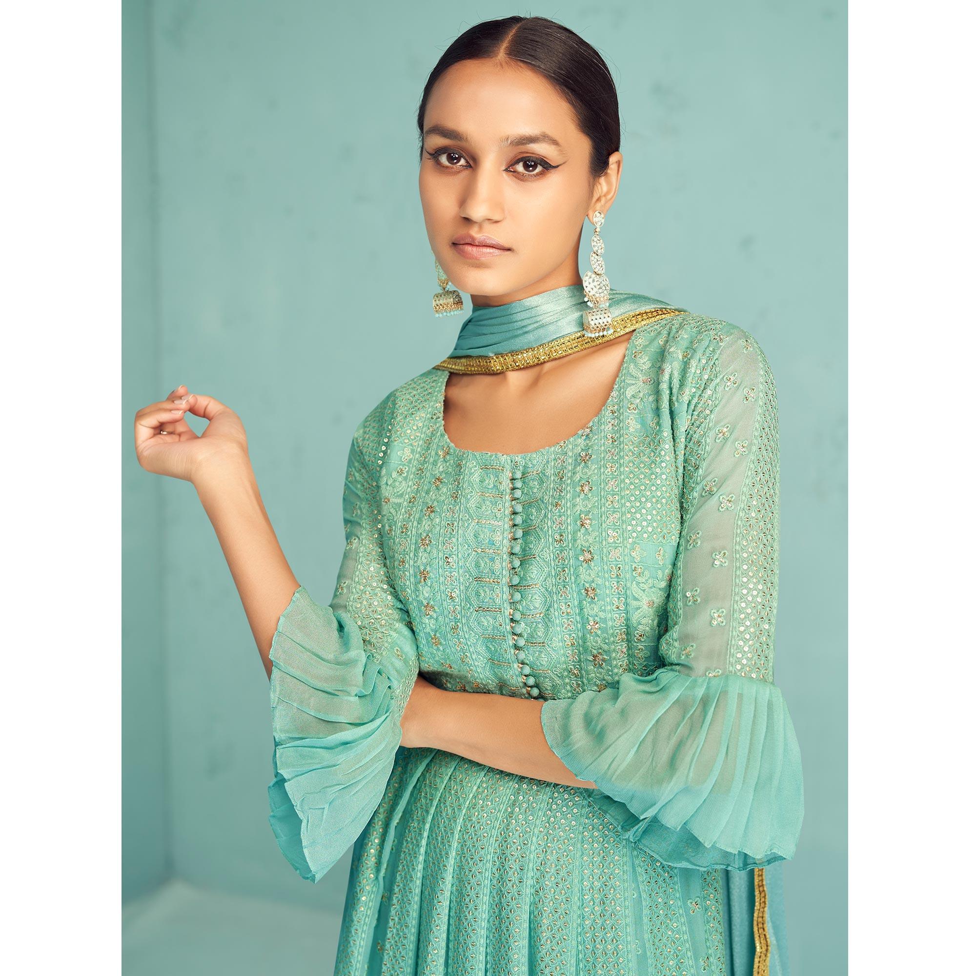 Sea Green Embroidered Georgette Palazzo Suit - Peachmode