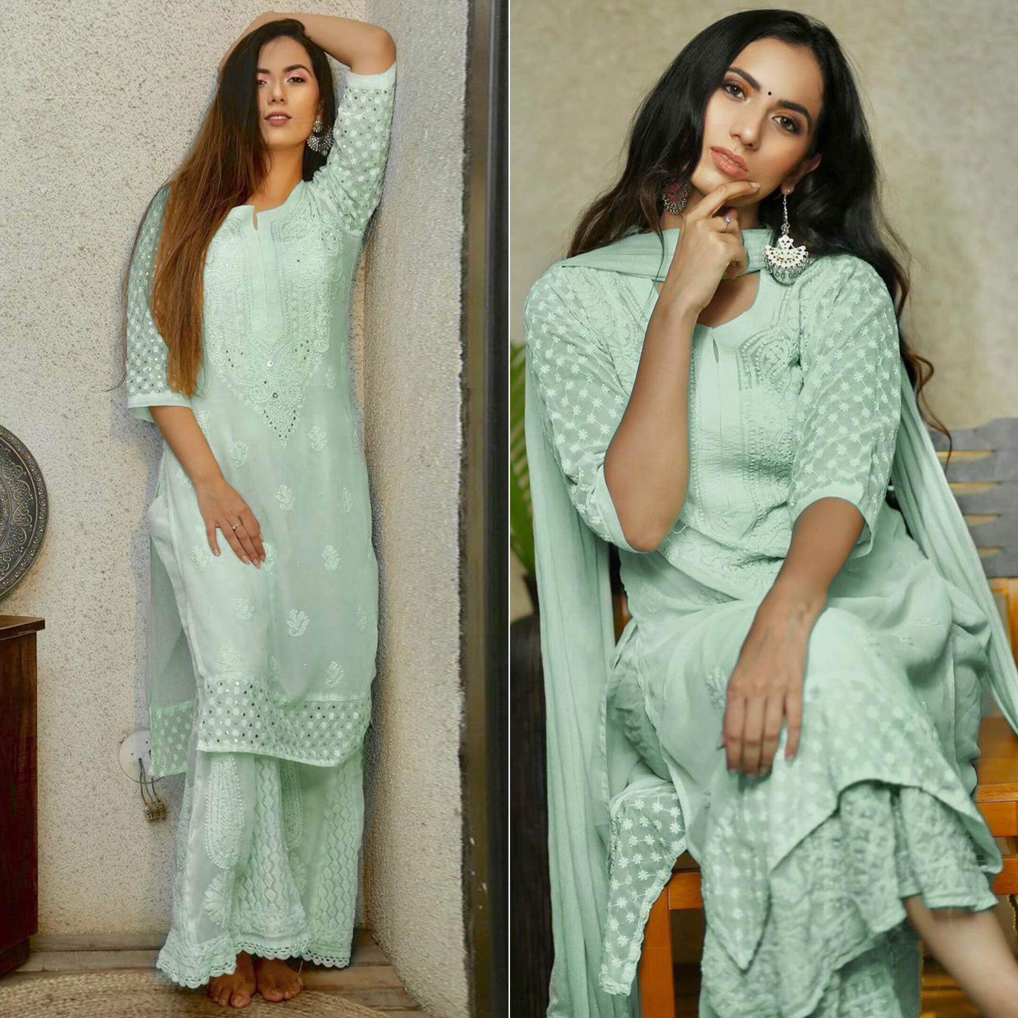 Sea Green Embroidered Georgette Sharara Suit - Peachmode