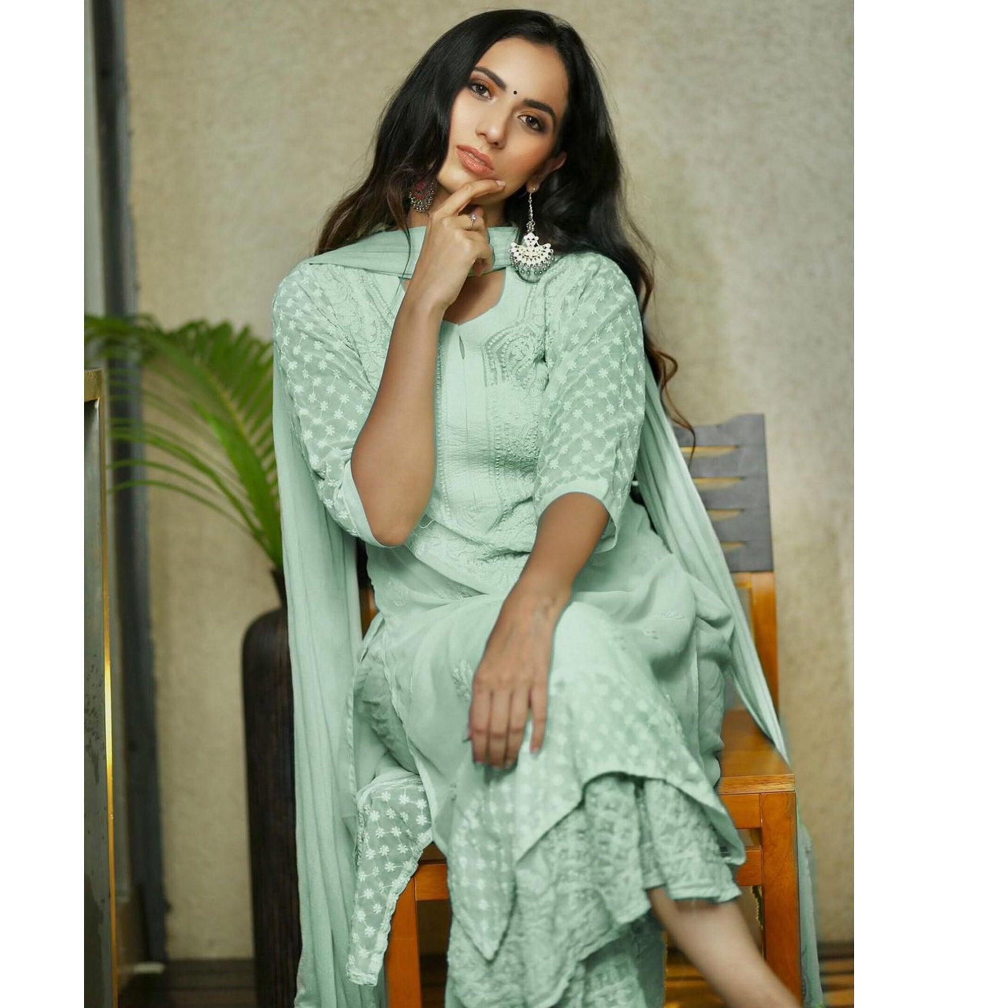 Sea Green Embroidered Georgette Sharara Suit - Peachmode