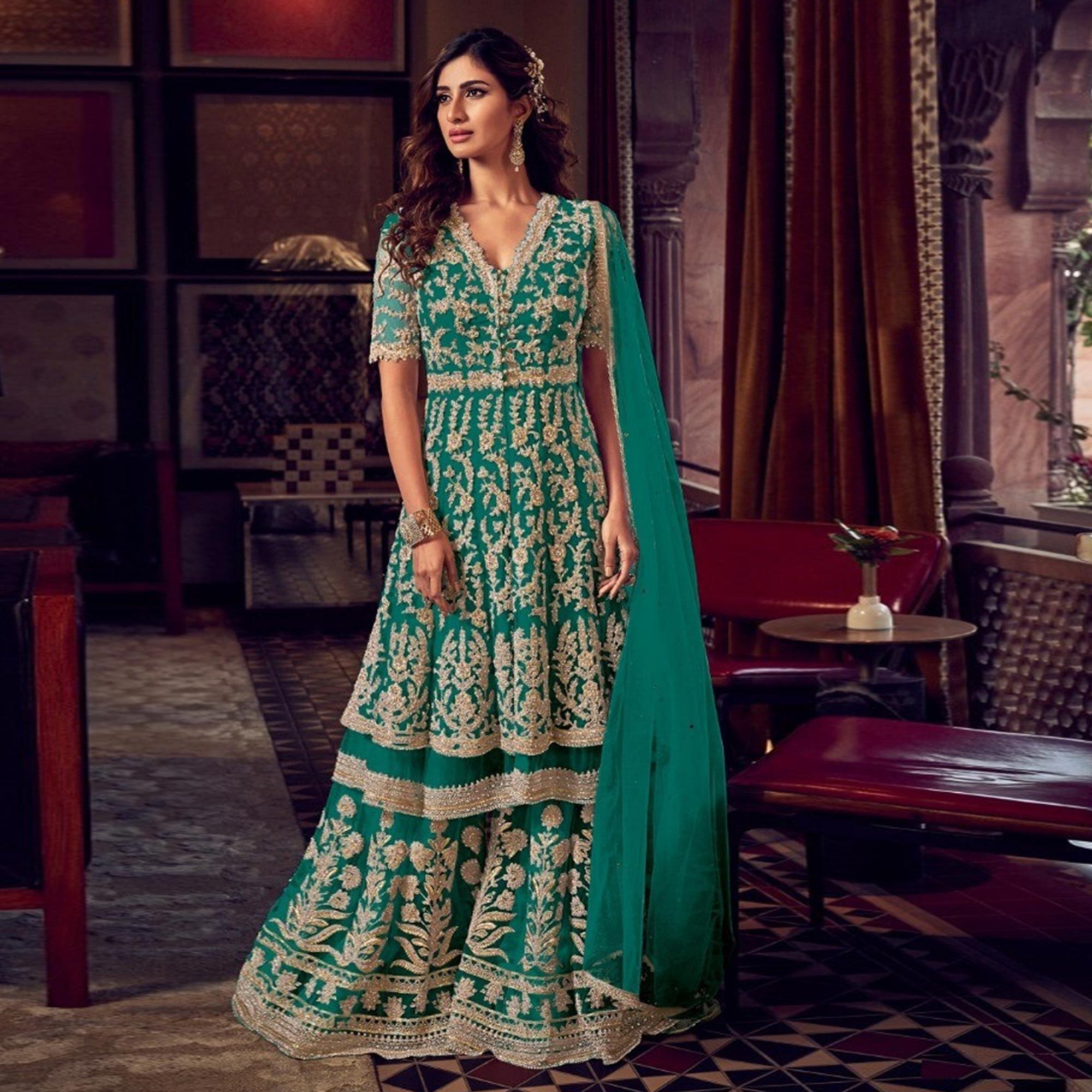 Sea Green Embroidered Indo Western Style Net - Georgette Sharara Suit - Peachmode