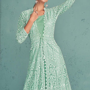 Sea Green Embroidered Muslin Gown - Peachmode