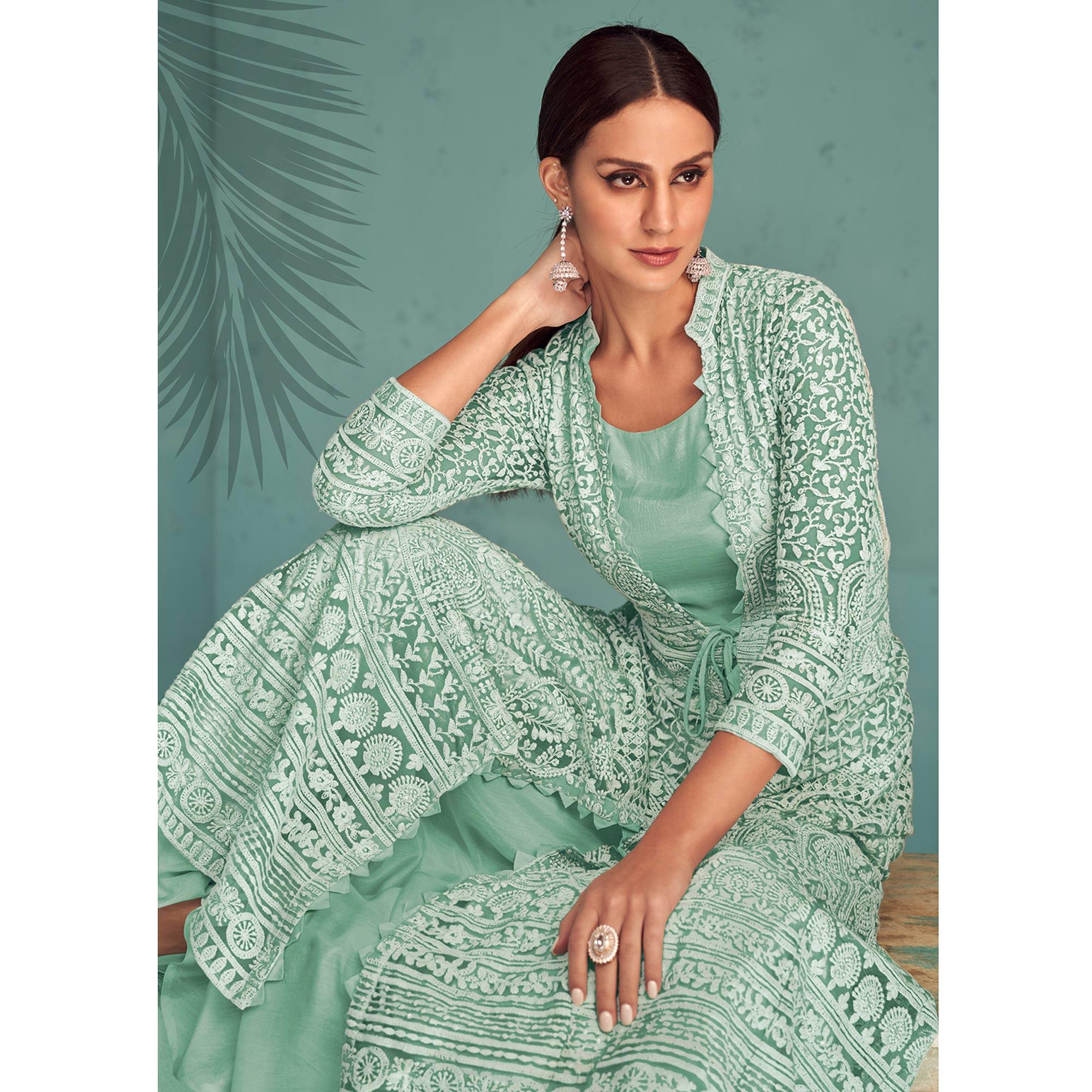 Sea Green Embroidered Muslin Gown - Peachmode