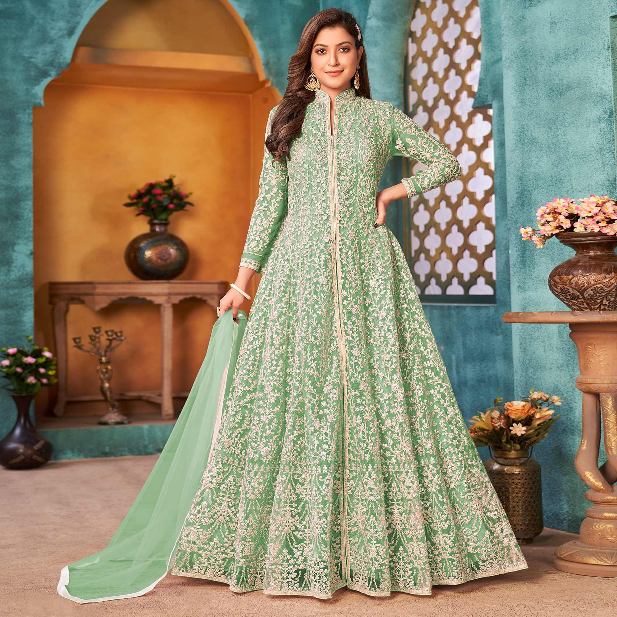 Sea Green Embroidered Netted Anarkali Style Gown - Peachmode
