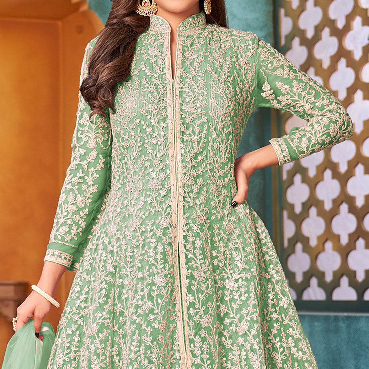Sea Green Embroidered Netted Anarkali Style Gown - Peachmode