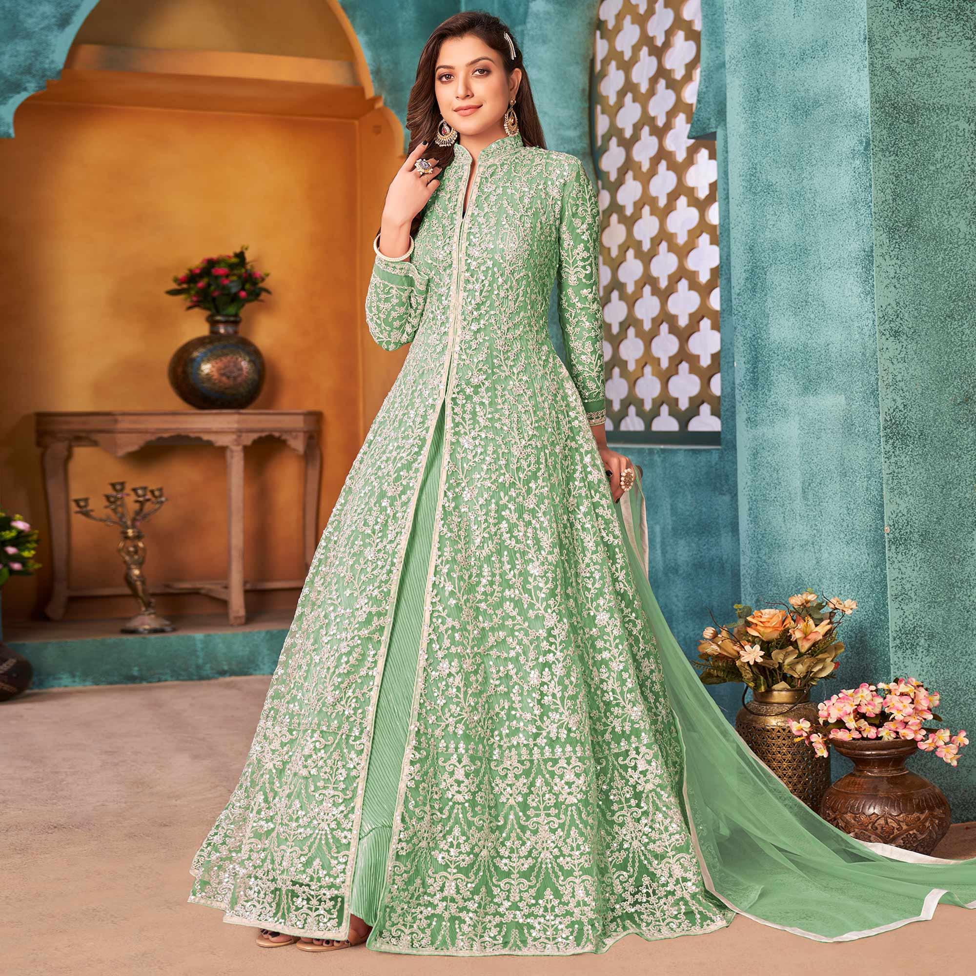 Sea Green Embroidered Netted Anarkali Style Gown - Peachmode