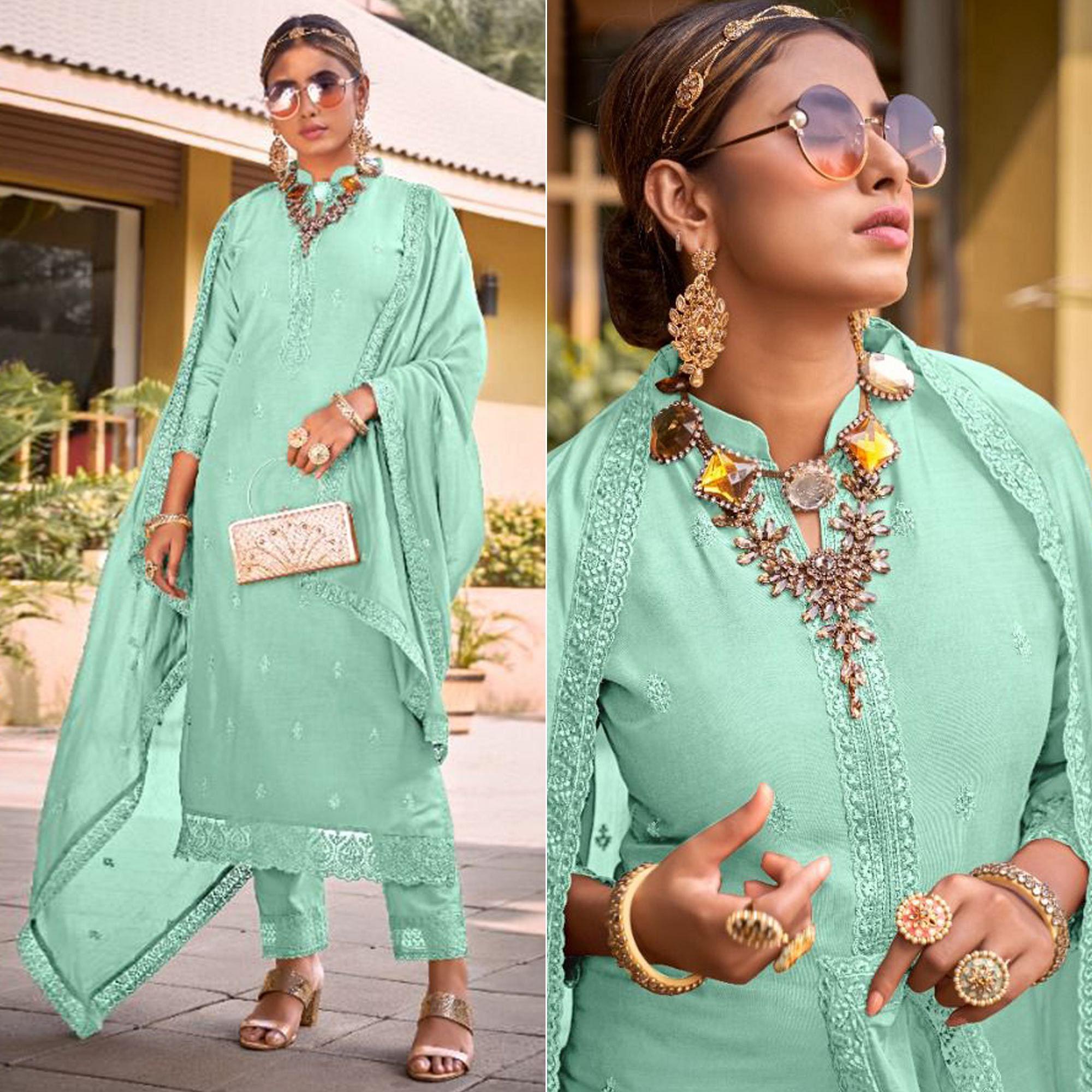 Sea Green Embroidered Viscose Kurti Pant Set With Dupatta - Peachmode