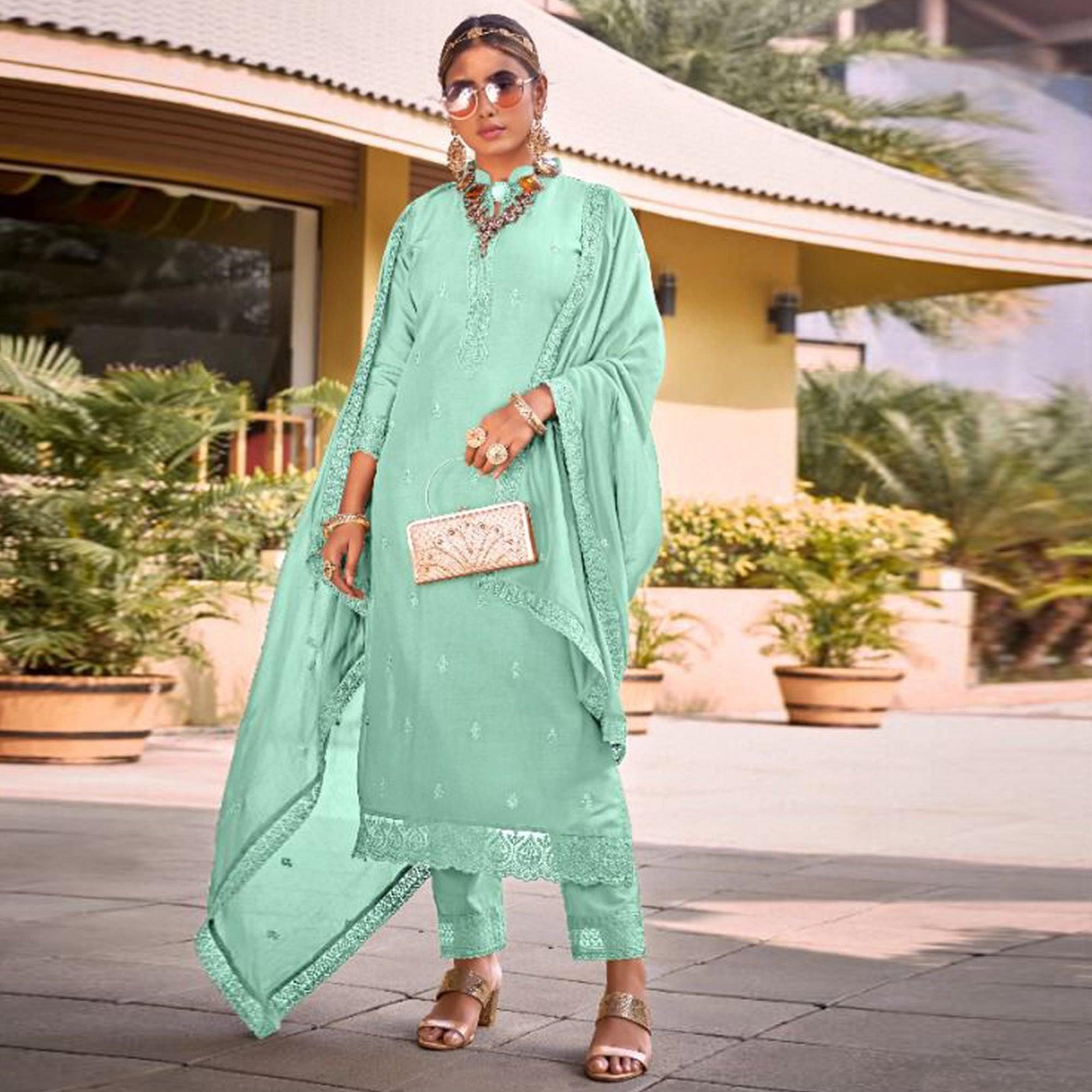 Sea Green Embroidered Viscose Kurti Pant Set With Dupatta - Peachmode
