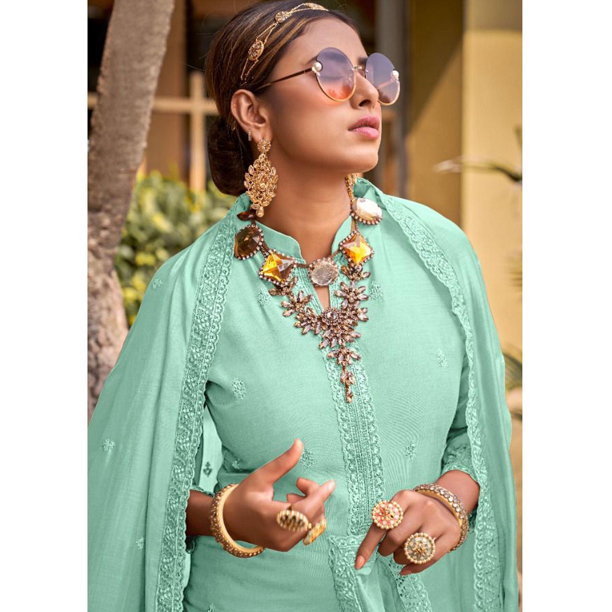 Sea Green Embroidered Viscose Kurti Pant Set With Dupatta - Peachmode