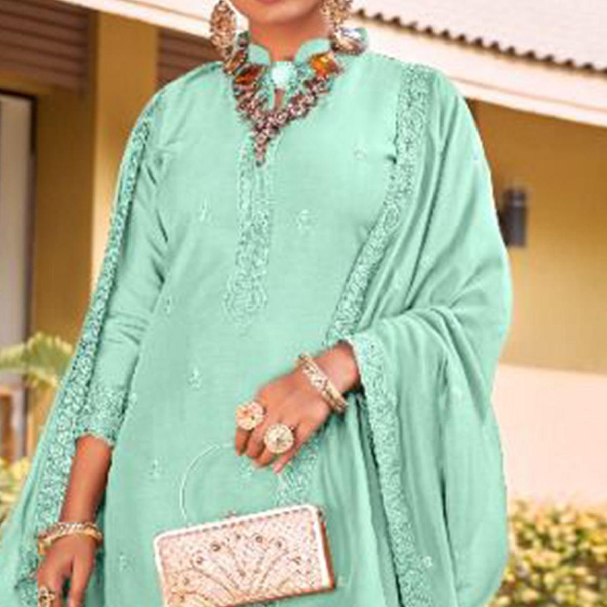 Sea Green Embroidered Viscose Kurti Pant Set With Dupatta - Peachmode