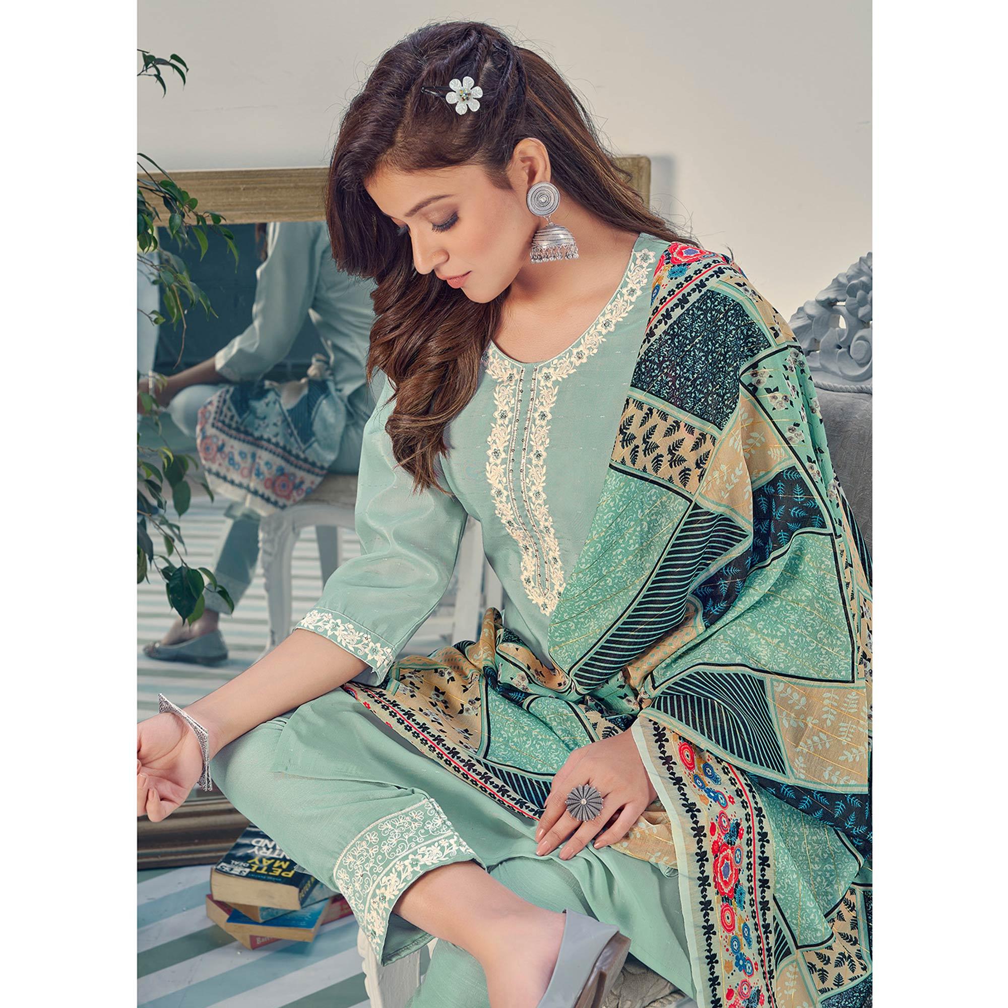 Sea Green Embroidered With Embellished Chiffon Kurti Pant Set With Dupatta - Peachmode