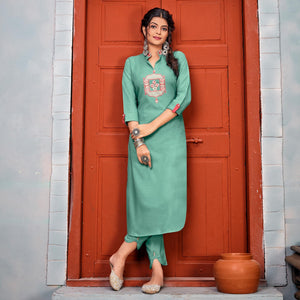 Sea Green Embroidered With Embellished Rayon Kurti Pant Set - Peachmode