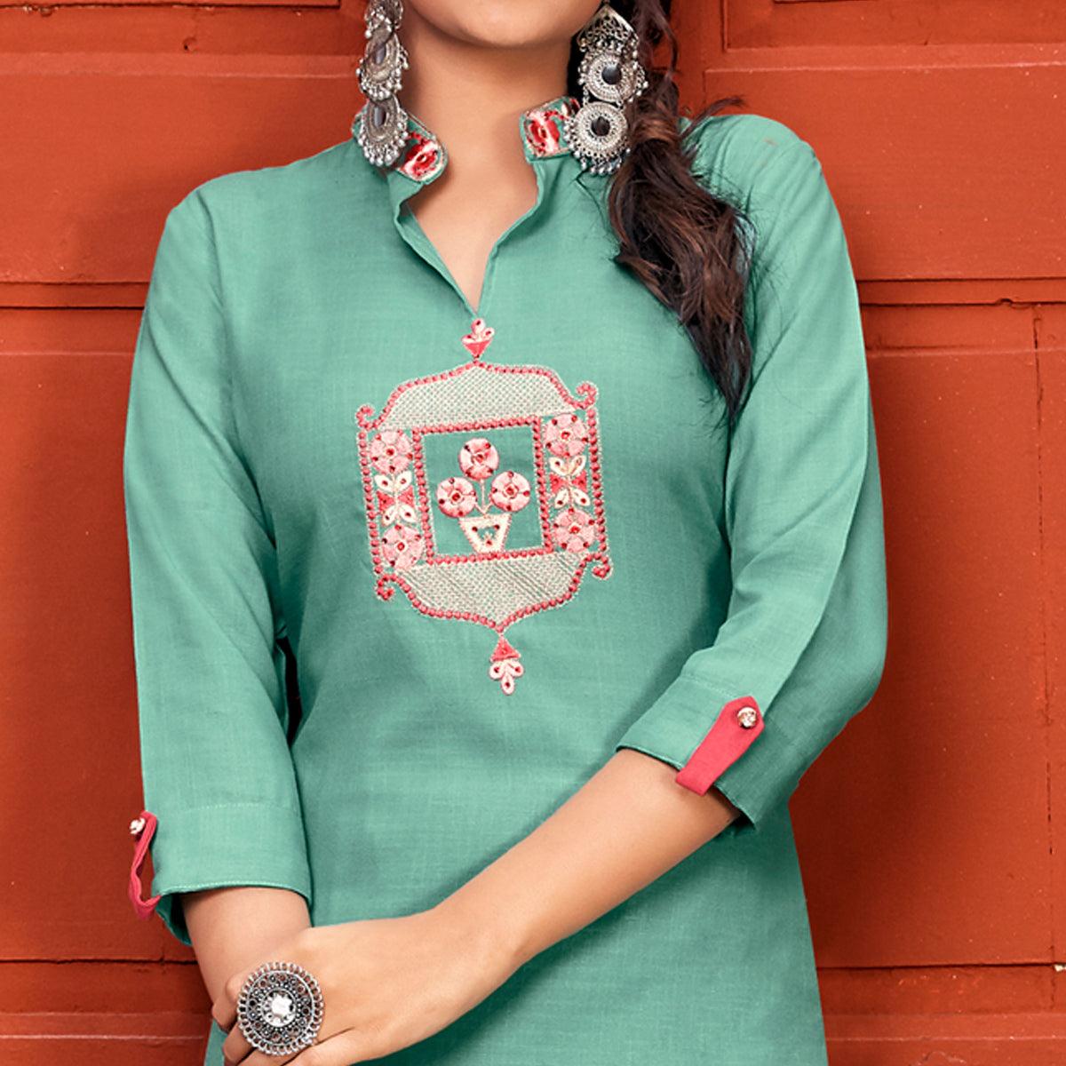 Sea Green Embroidered With Embellished Rayon Kurti Pant Set - Peachmode