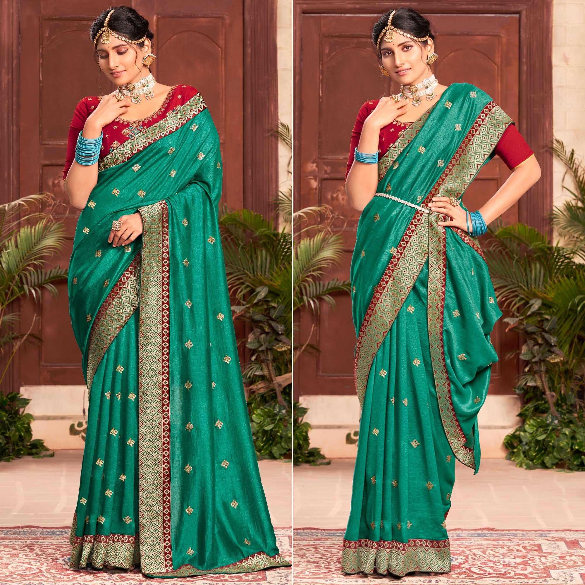 Sea Green Embroidered With Embellished Vichitra Silk Saree - Peachmode