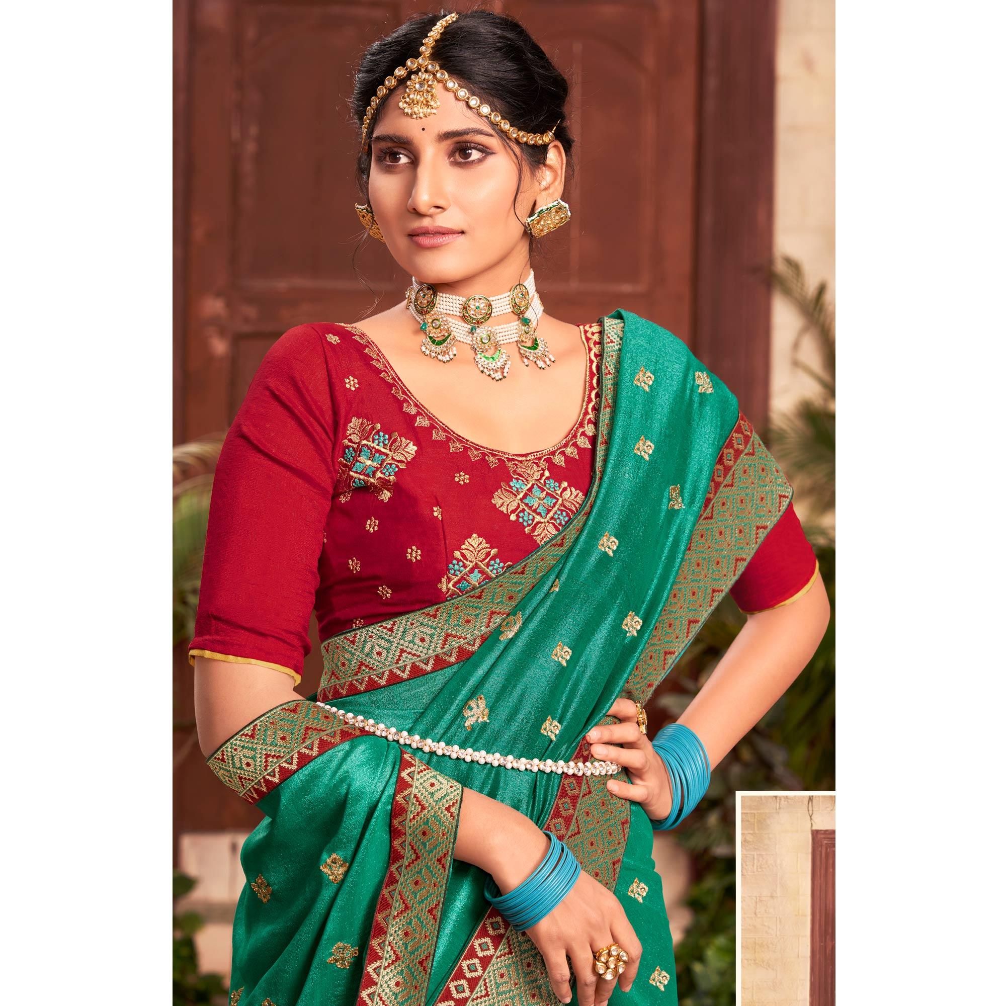 Sea Green Embroidered With Embellished Vichitra Silk Saree - Peachmode