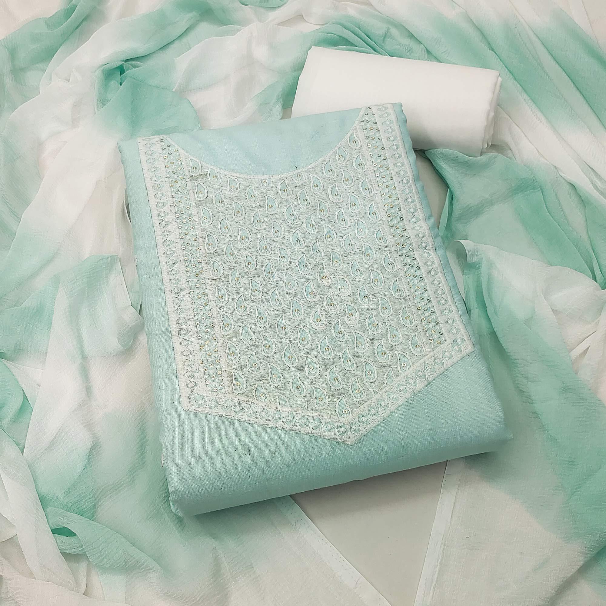 Sea Green Embroidered With Embroidered Cotton Blend Dress Material - Peachmode