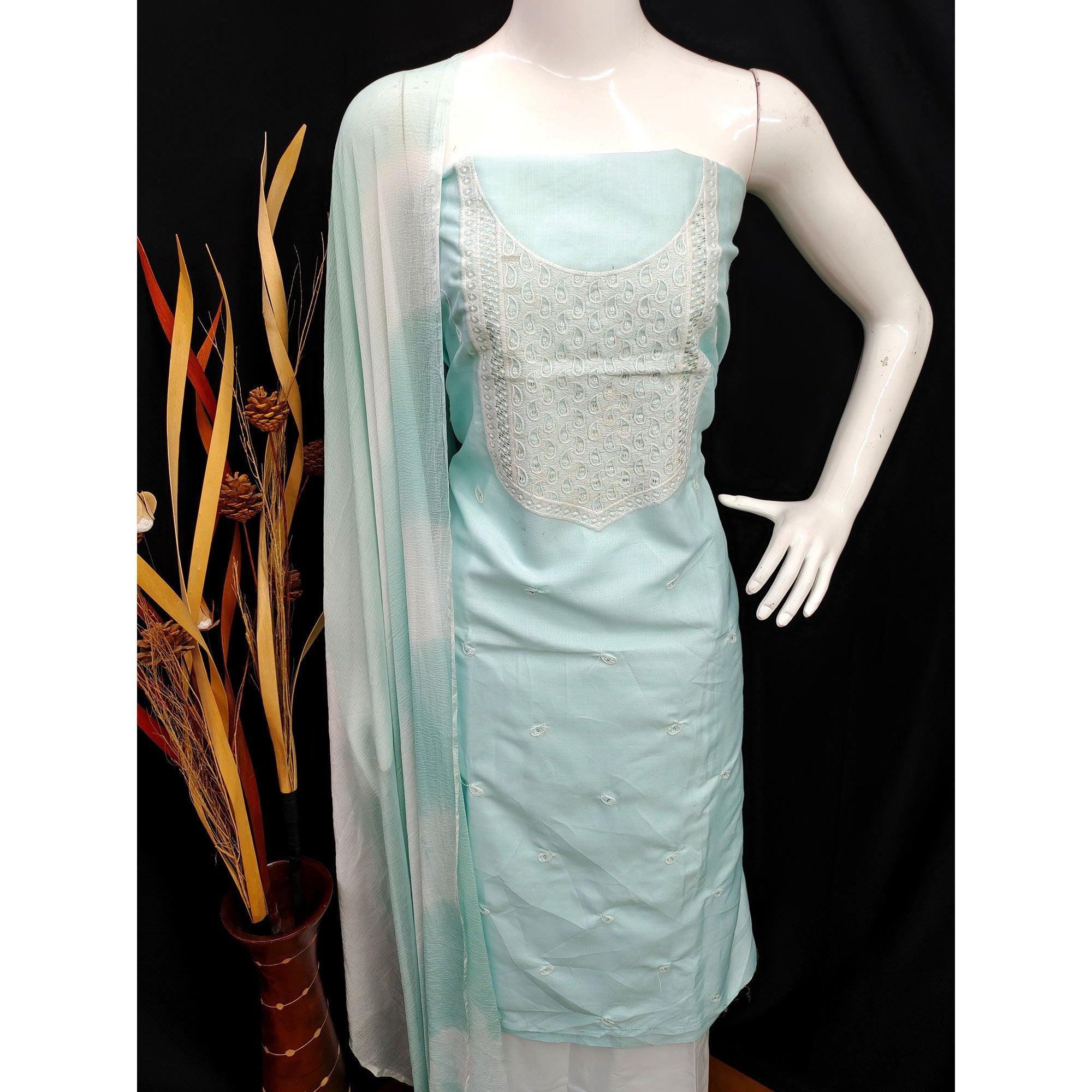 Sea Green Embroidered With Embroidered Cotton Blend Dress Material - Peachmode