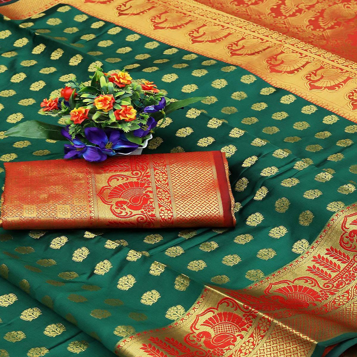 Sea Green Festive Embroidered Kota Banarasi Art Silk Saree - Peachmode