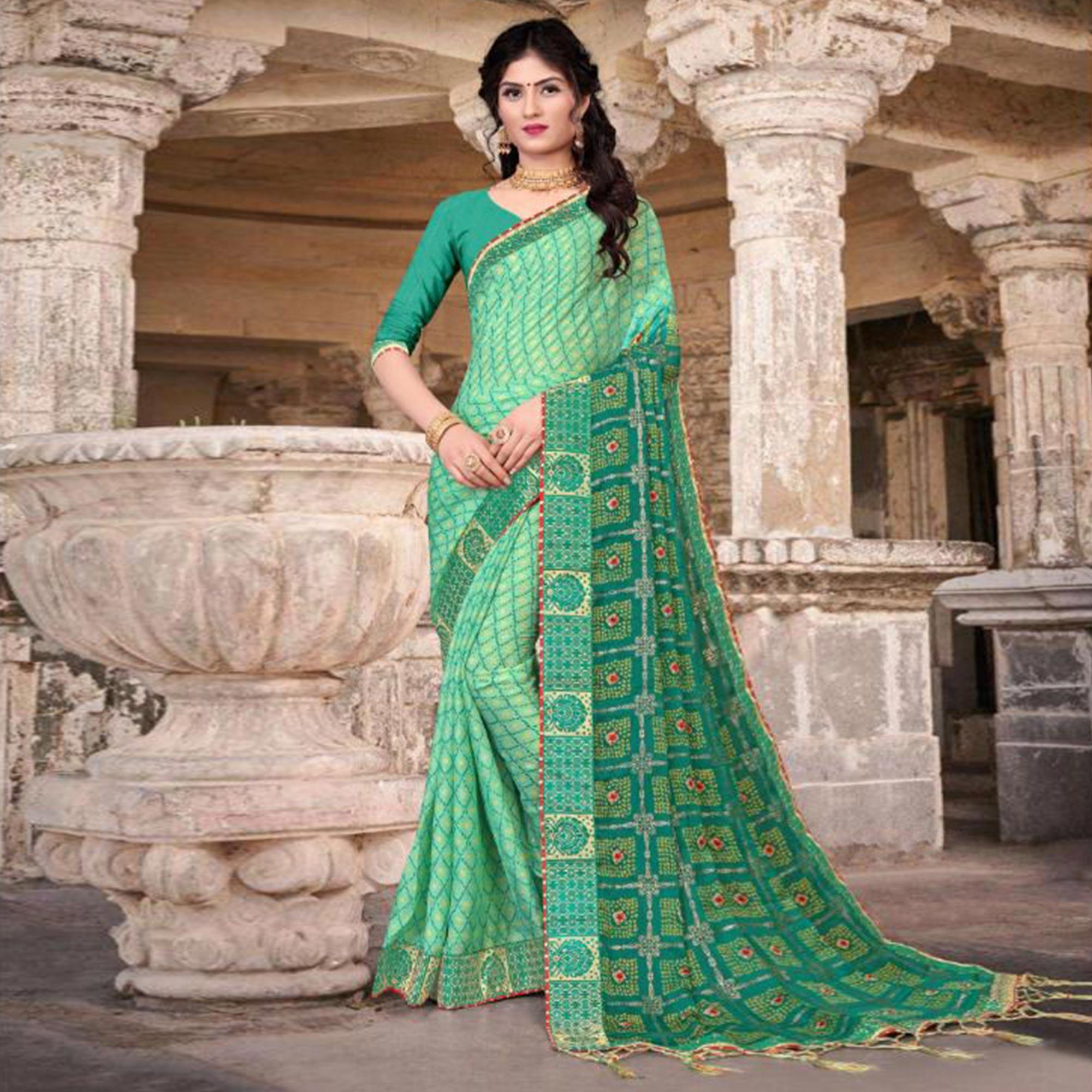 Sea Green Festive Wear Bandhani Printed Chiffon Saree With Diamond Border - Peachmode