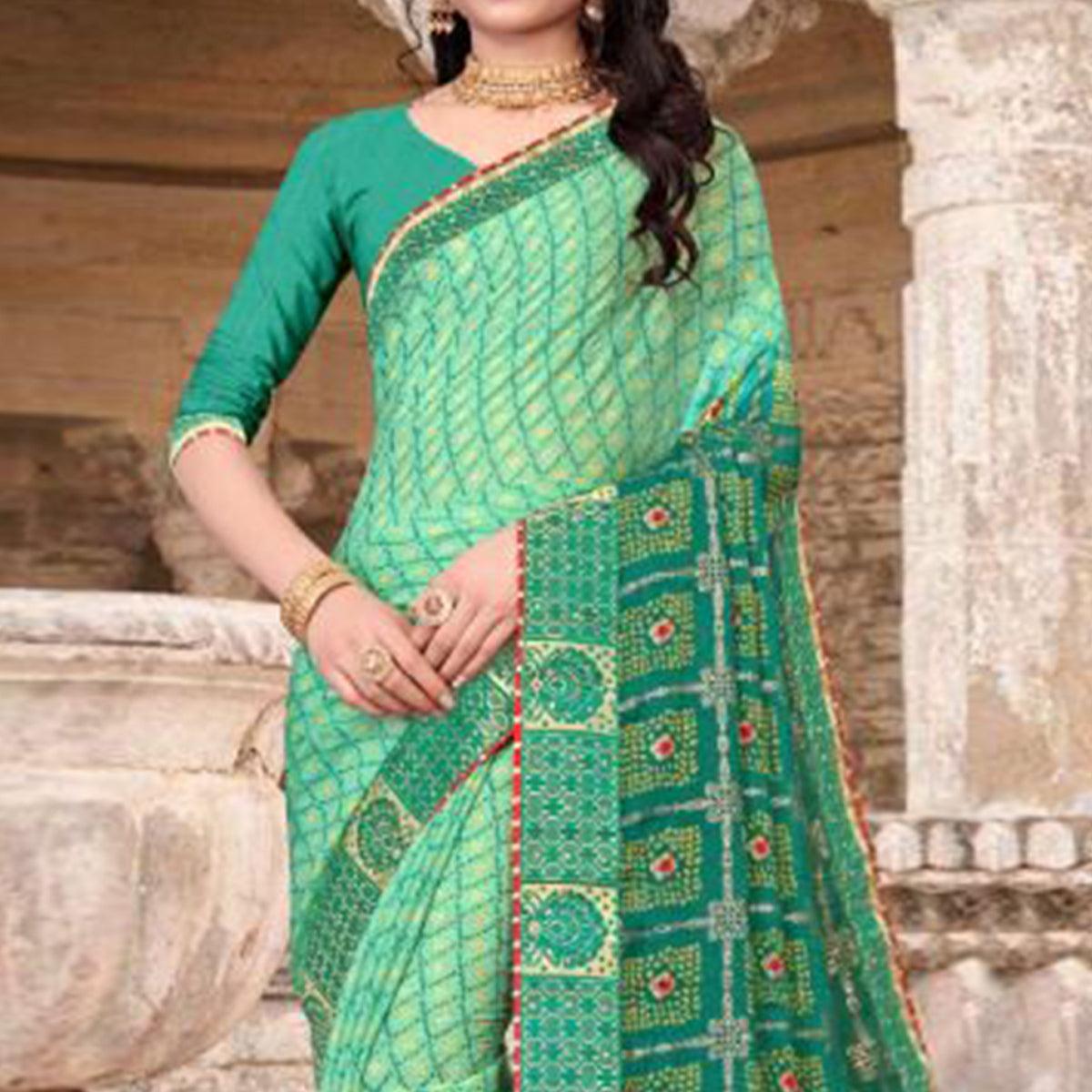 Sea Green Festive Wear Bandhani Printed Chiffon Saree With Diamond Border - Peachmode