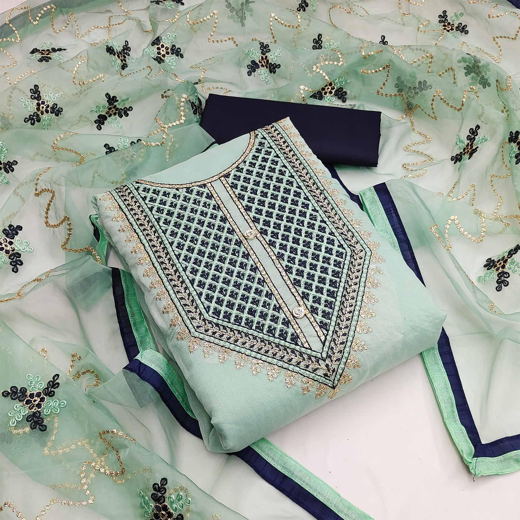 Sea Green Festive Wear Embroidered Chanderi Dress Material - Peachmode
