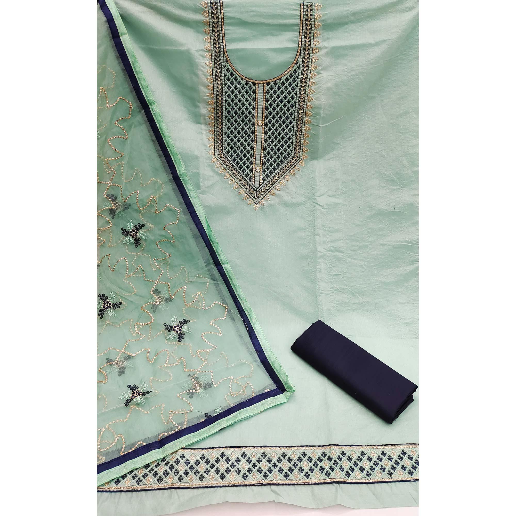Sea Green Festive Wear Embroidered Chanderi Dress Material - Peachmode