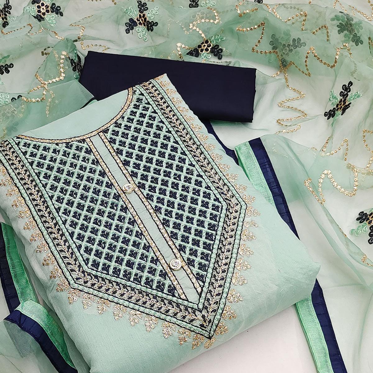 Sea Green Festive Wear Embroidered Chanderi Dress Material - Peachmode