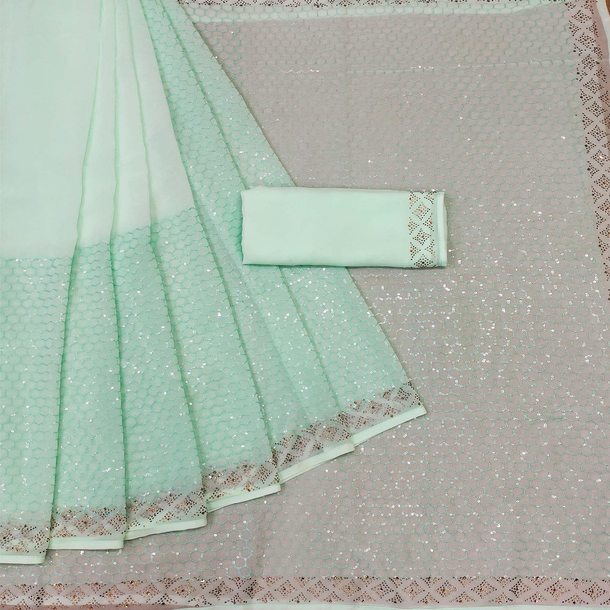 Sea Green Festive Wear Embroidery With Embellished Georgette Saree - Peachmode