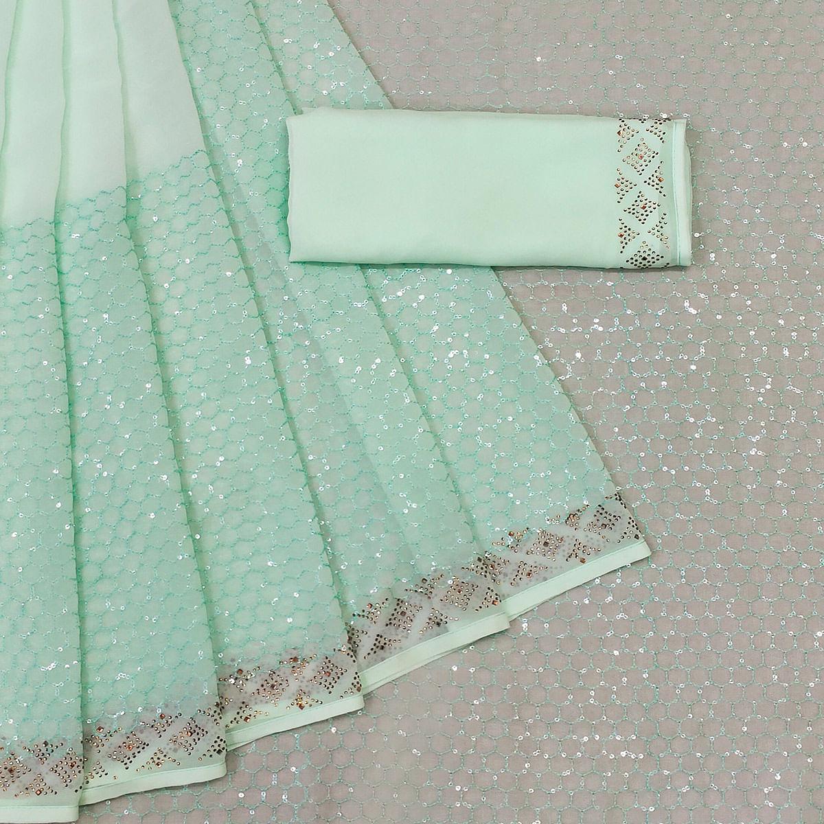 Sea Green Festive Wear Embroidery With Embellished Georgette Saree - Peachmode