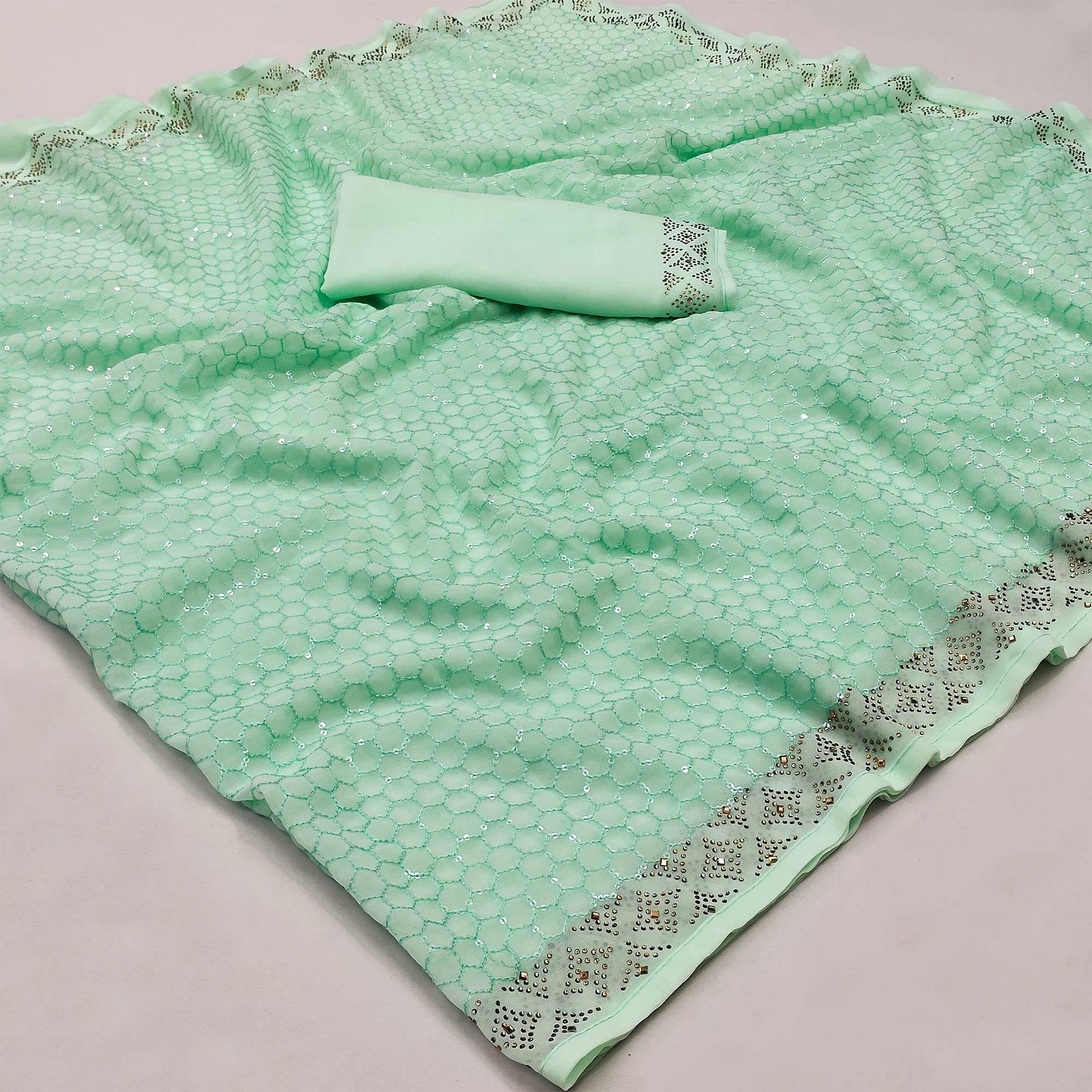 Sea Green Festive Wear Embroidery With Embellished Georgette Saree - Peachmode