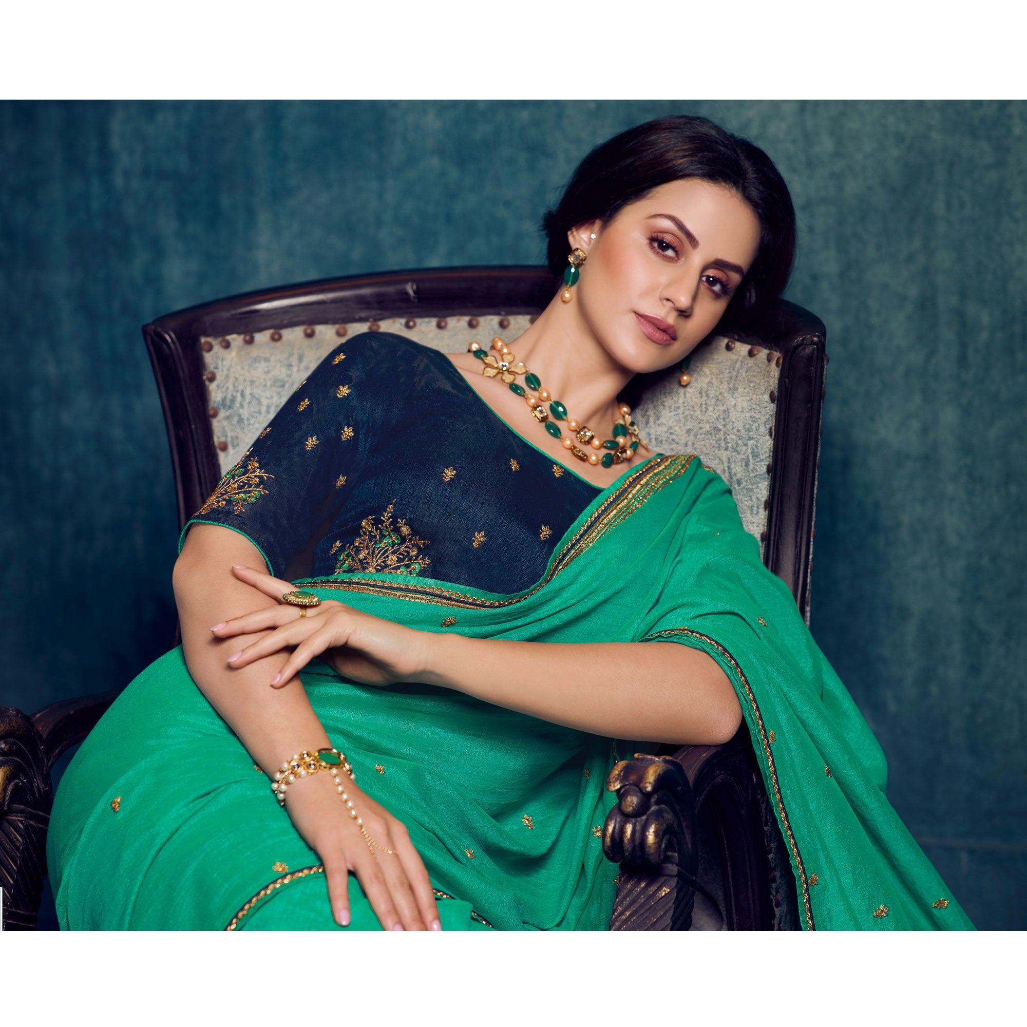 Sea Green Festive Wear Floral Embroidered Silk Saree - Peachmode