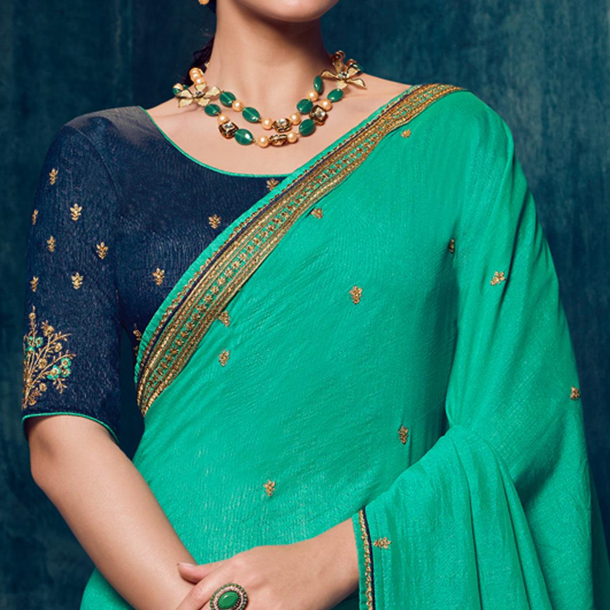 Sea Green Festive Wear Floral Embroidered Silk Saree - Peachmode