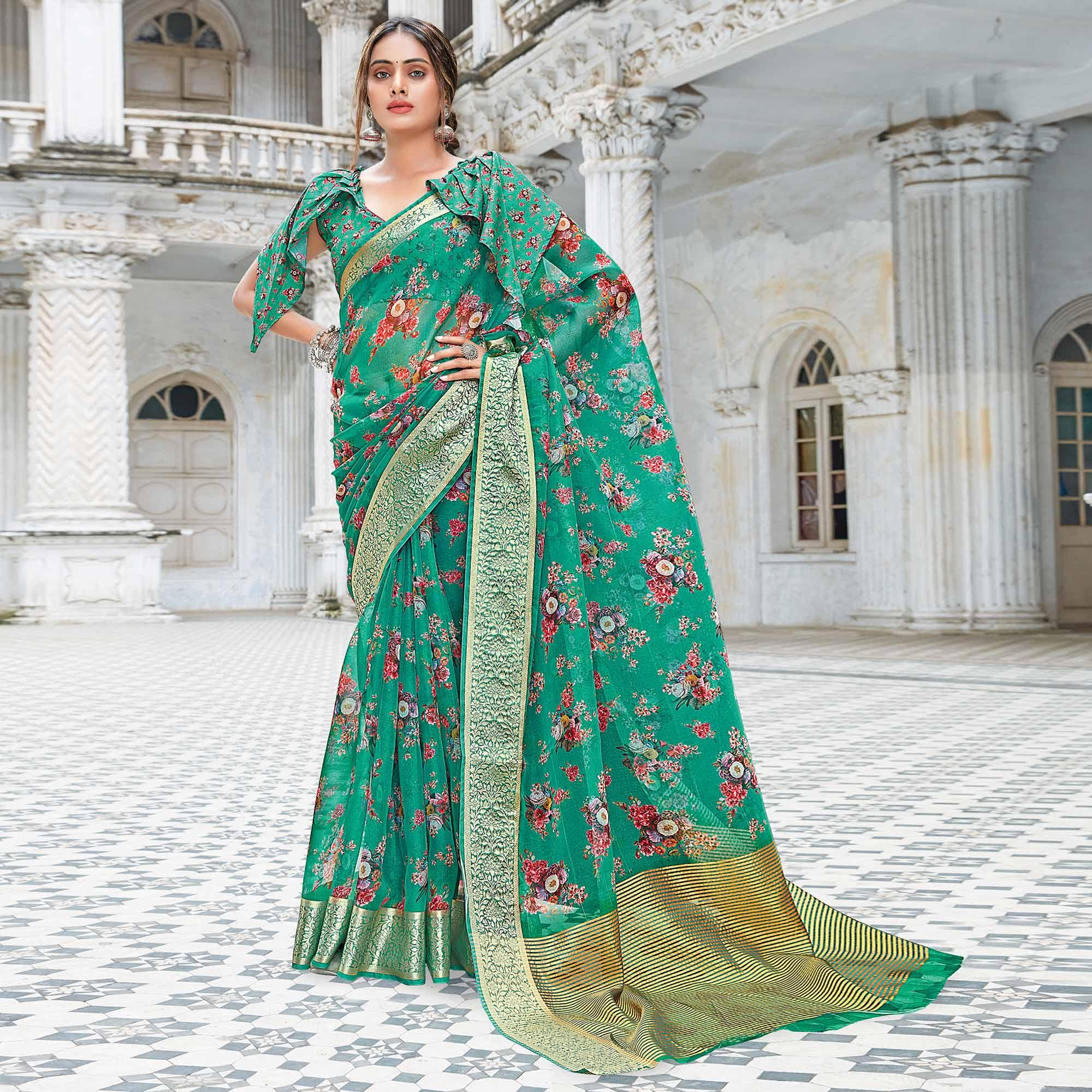 Sea Green Festive Wear Floral Printed Organza Saree - Peachmode