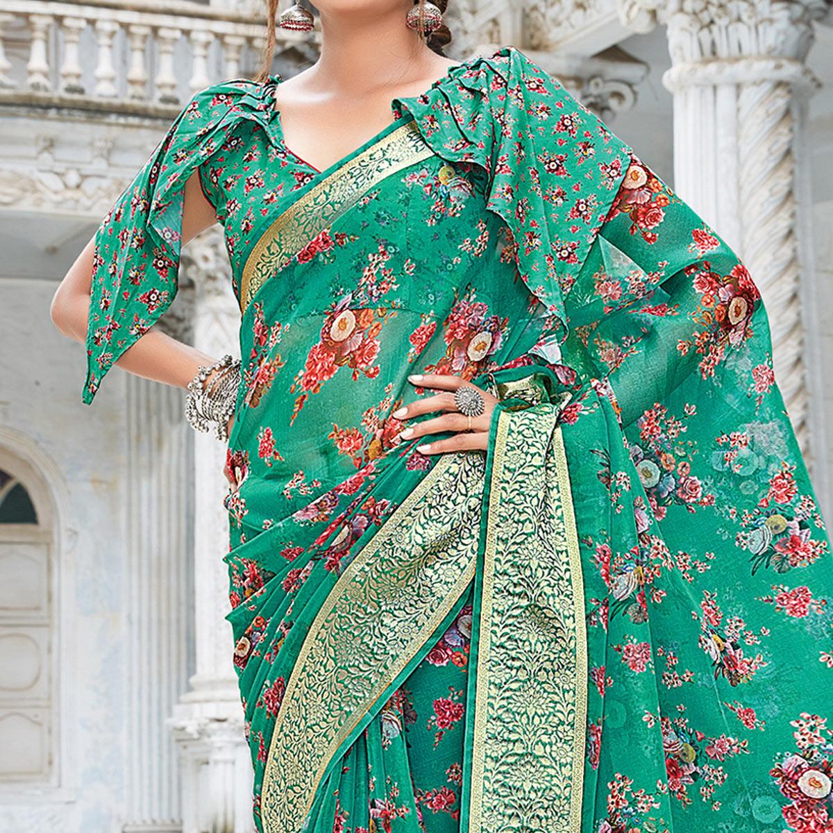 Sea Green Festive Wear Floral Printed Organza Saree - Peachmode